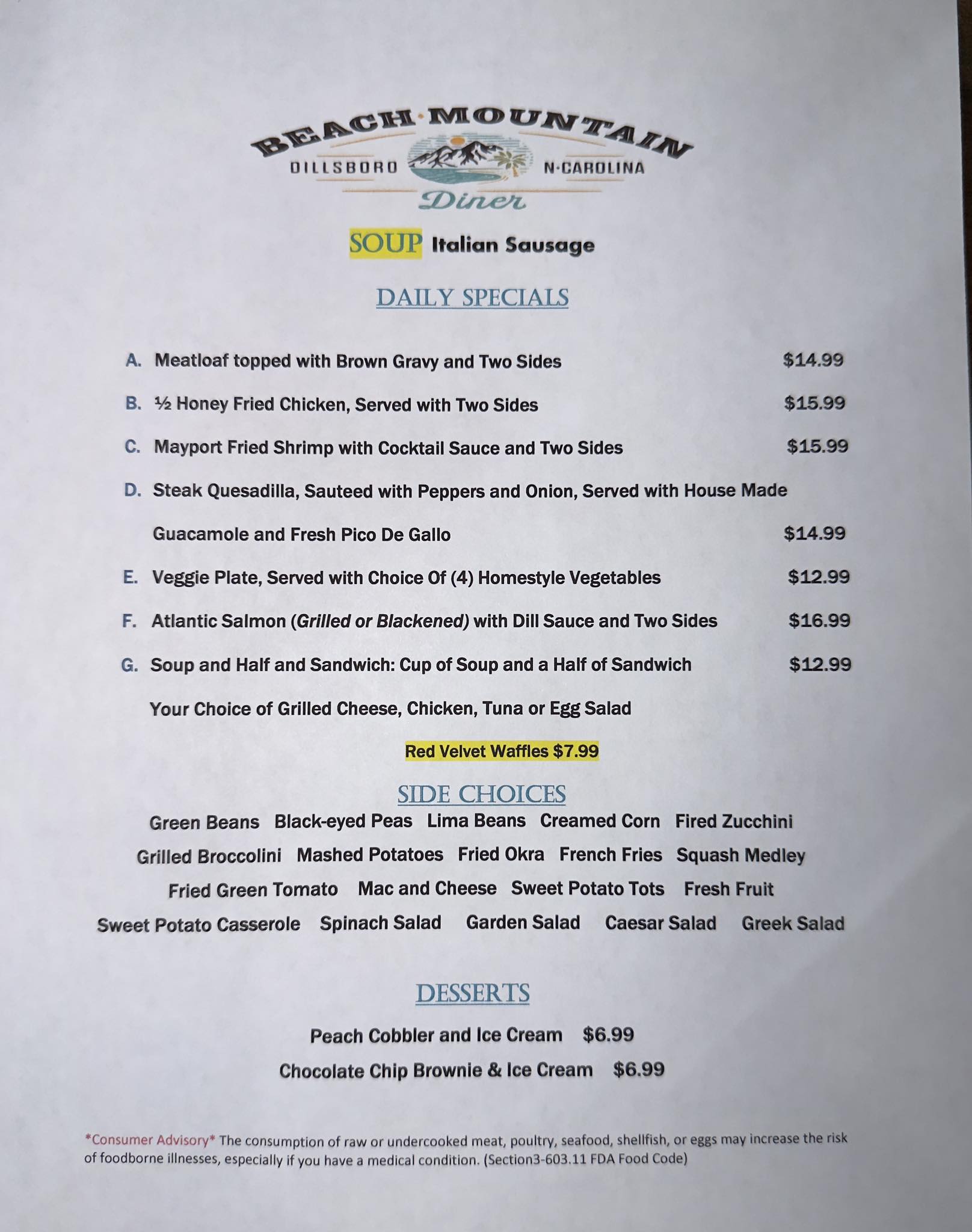 Beach Mountain Diner Dillsboro Menu