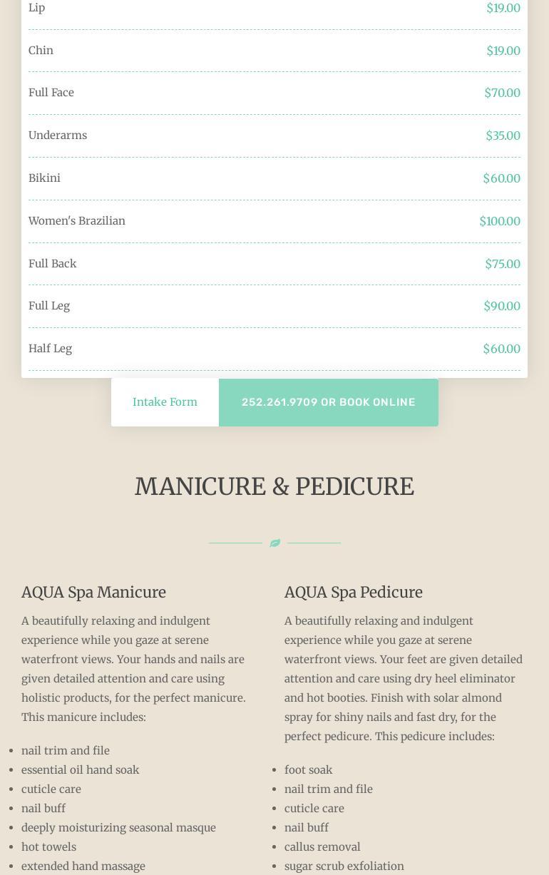 Aqua Spa Menu