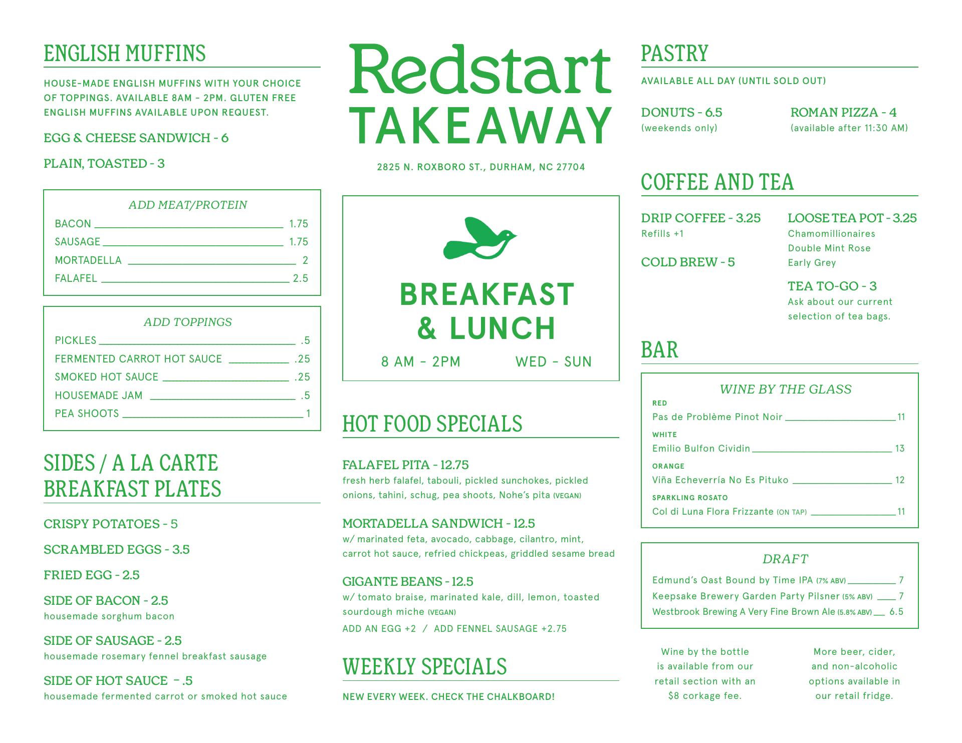 Redstart Takeaway Menu