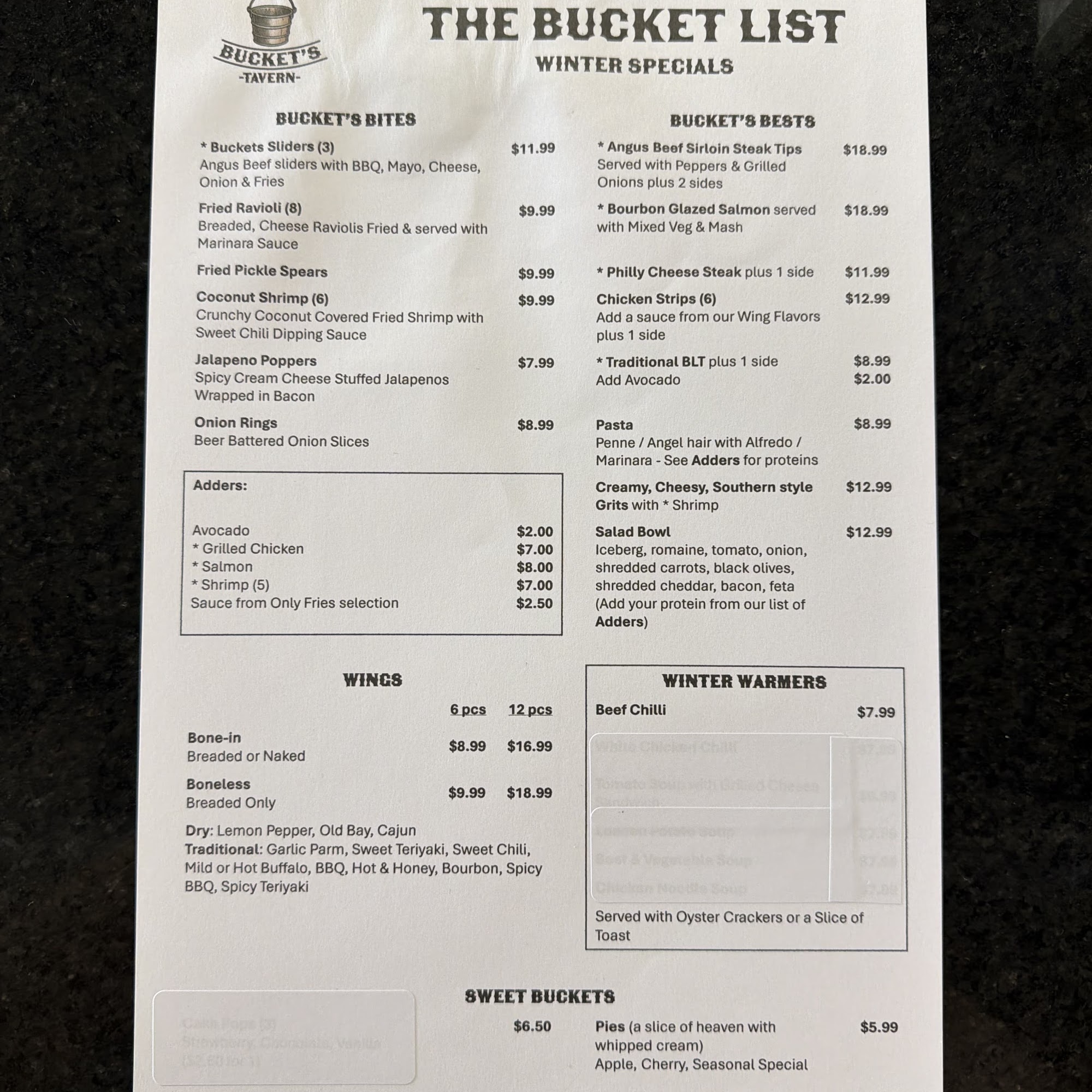 Buckets Tavern Menu