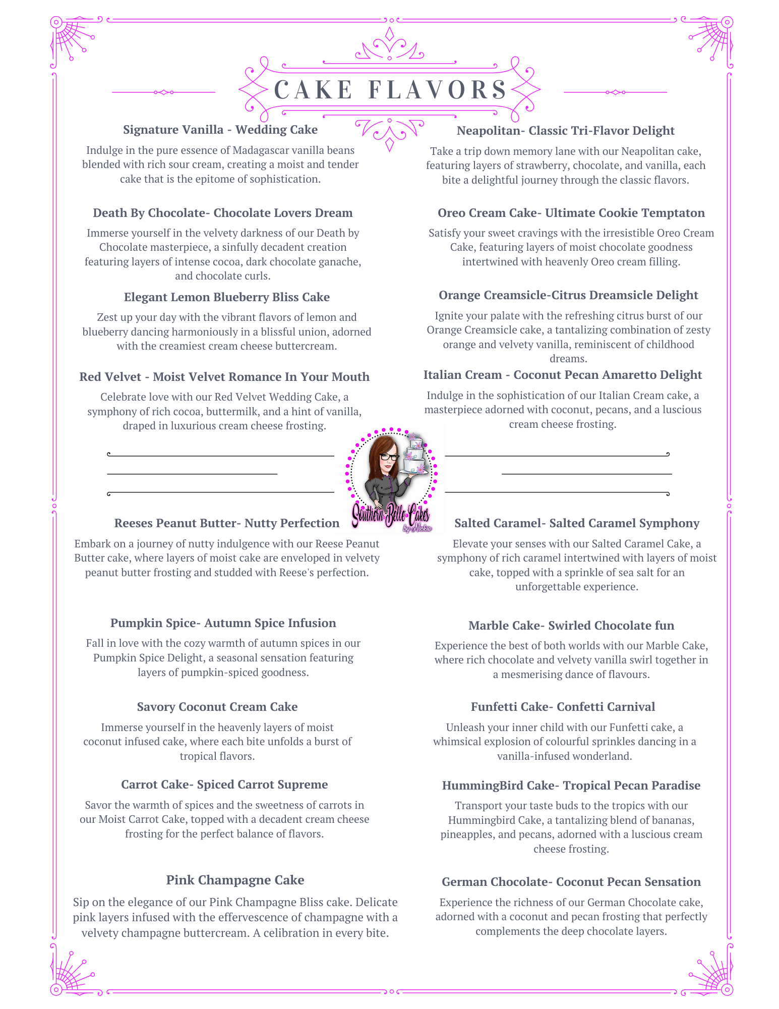 Southern Belle Cakes by Nickie Menu