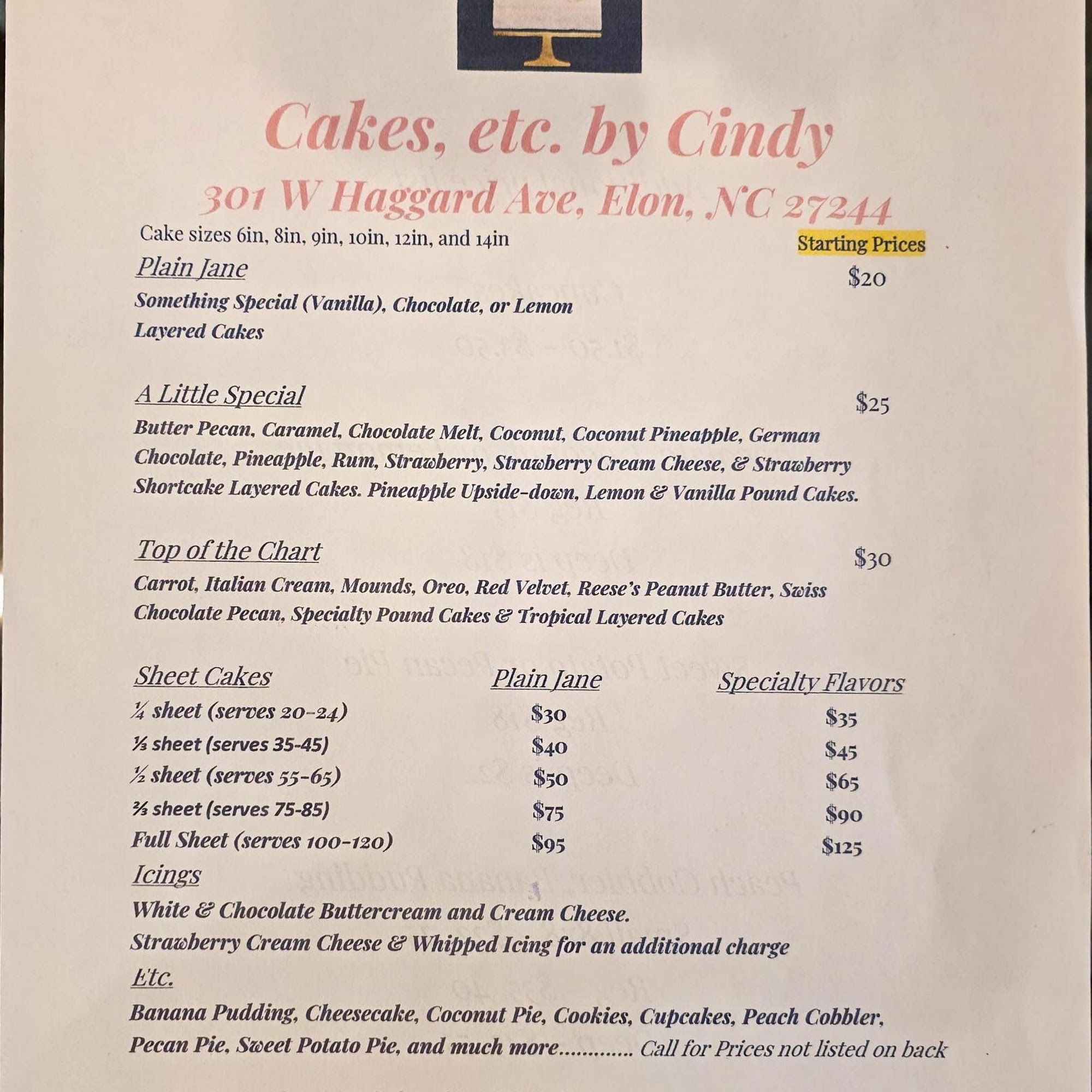 Cakes, etc by Cindy Menu