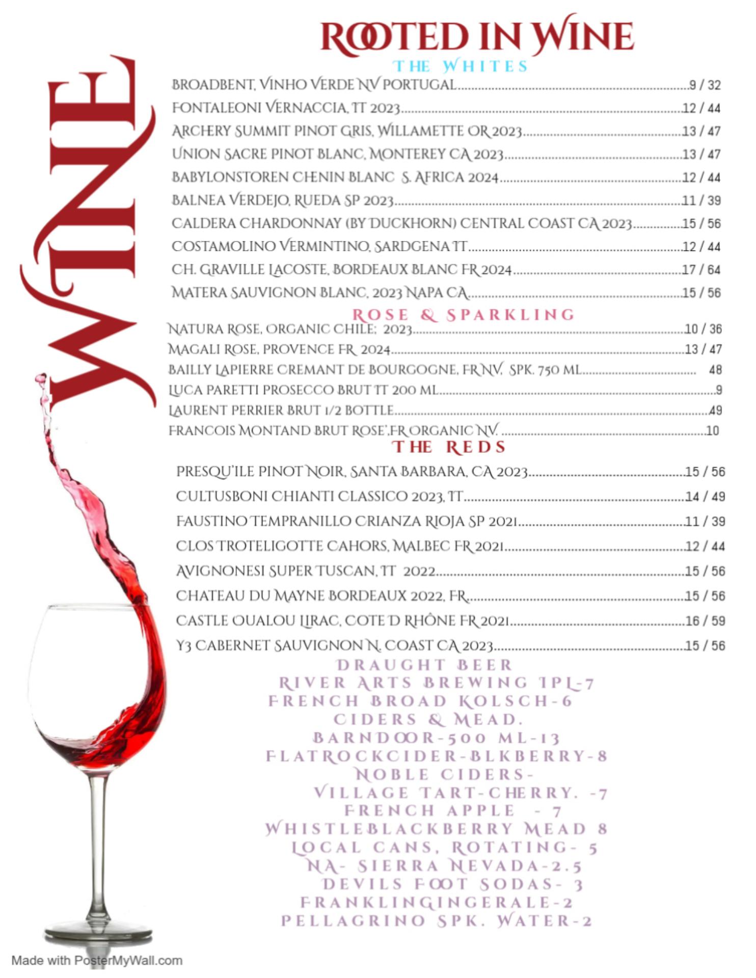 Rooted in Wine Menu