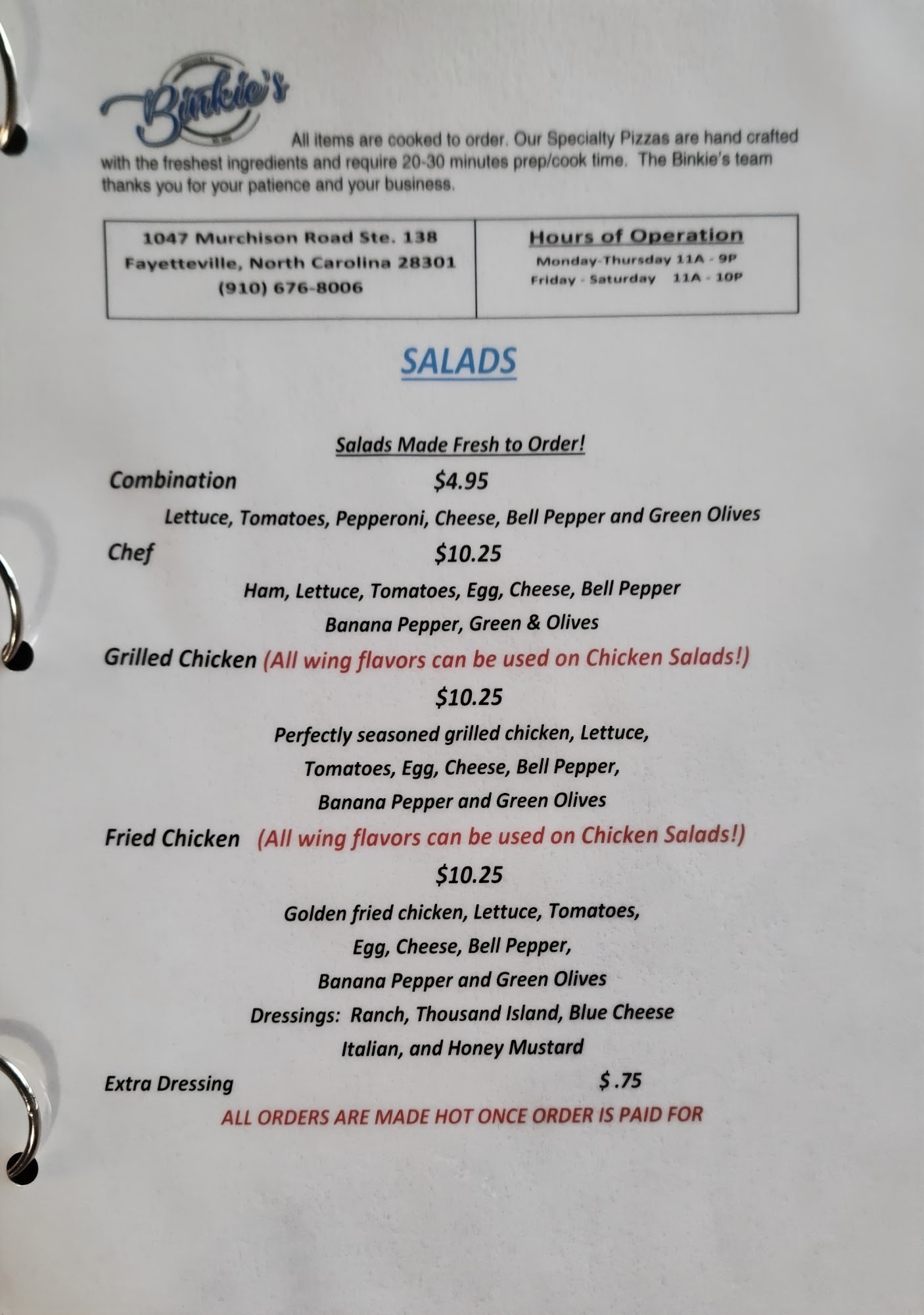 Binkies Pizza & Wings Menu