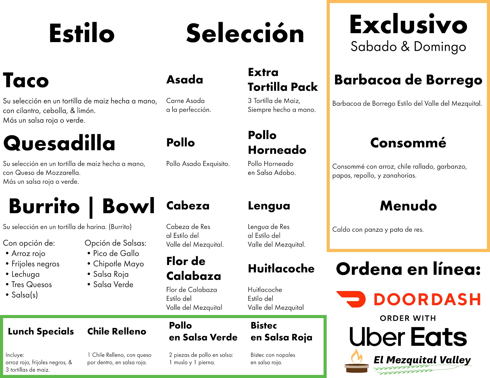 El Mezquital Valley Menu