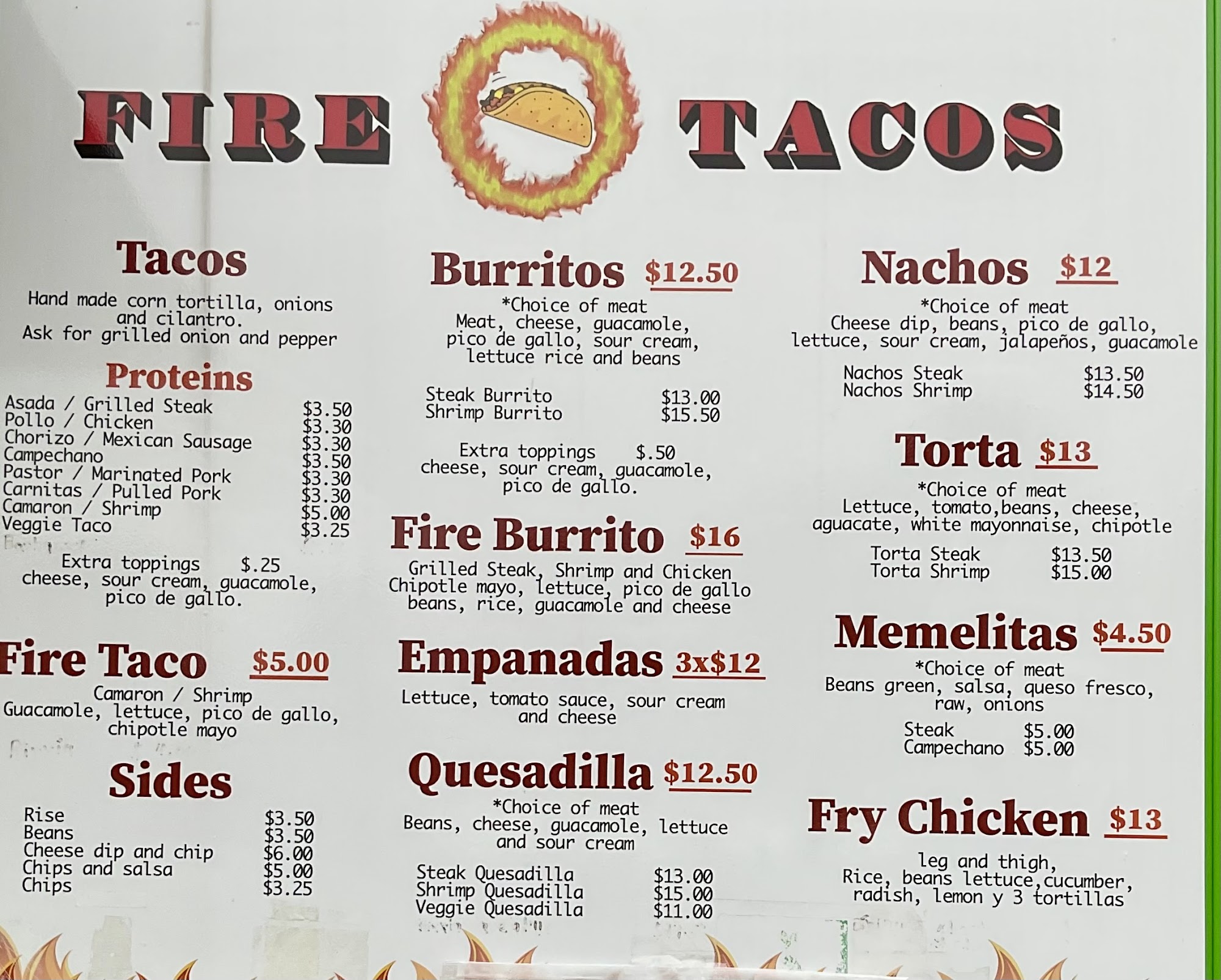 Food Truck Fire Tacos Menu