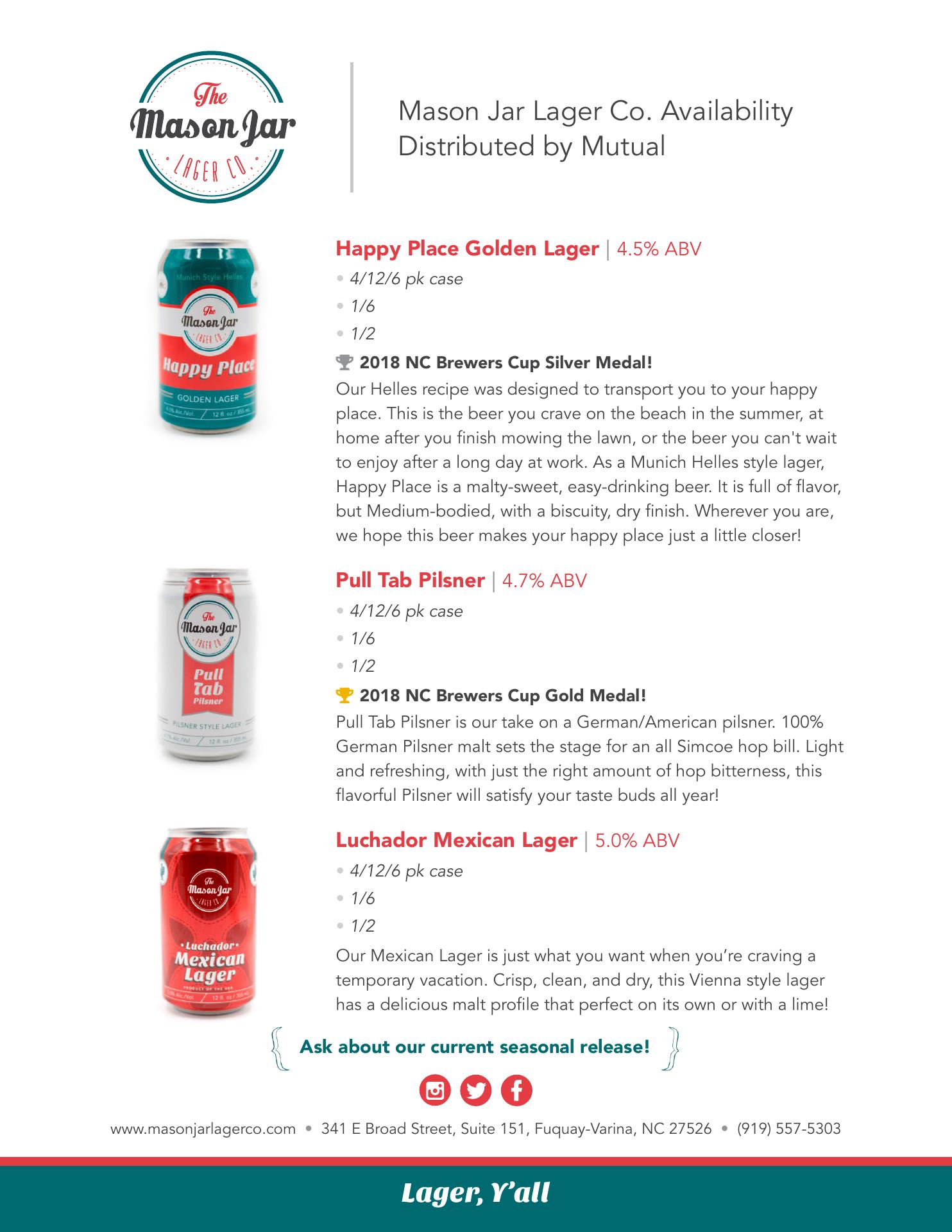 The Mason Jar Lager Company Menu