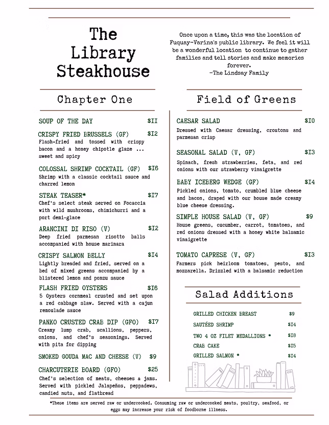 The Library Steakhouse Menu