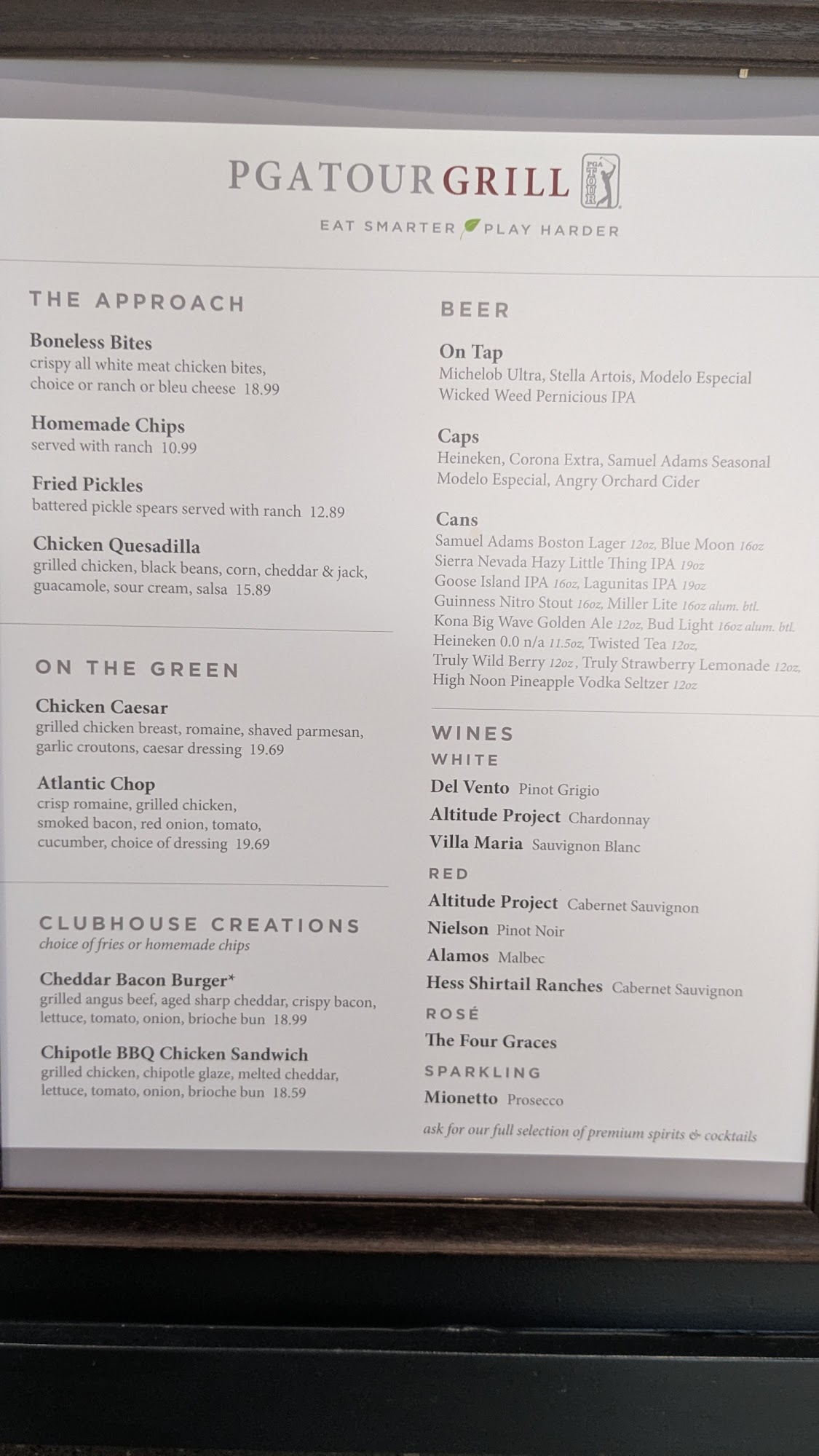 PGA Tour Grill Menu