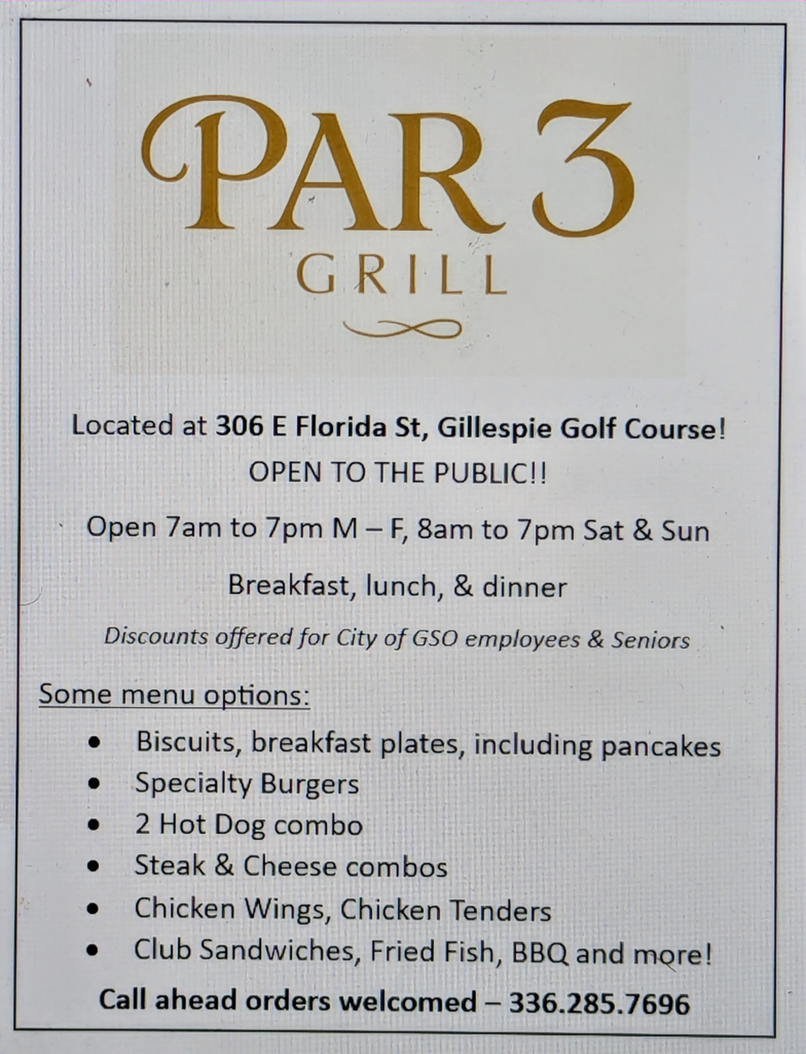 PAR 3 Grill Menu