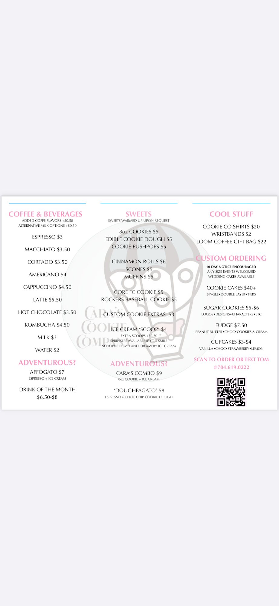 Cara’s Cookie (& Coffee) Company Menu
