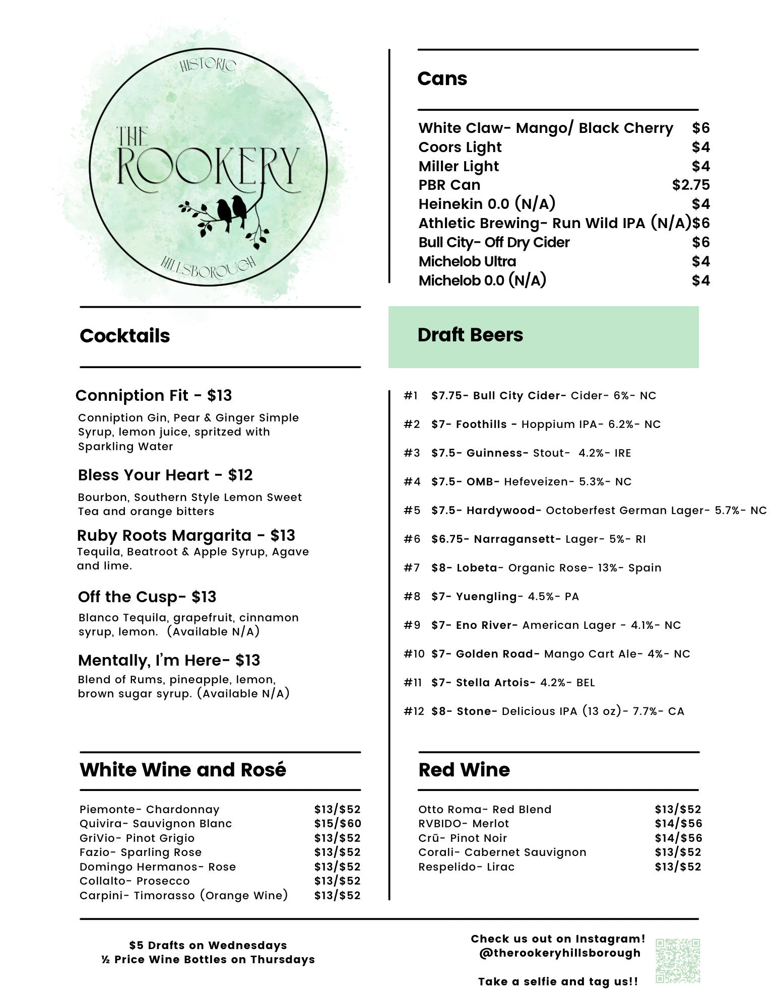 The Rookery Menu