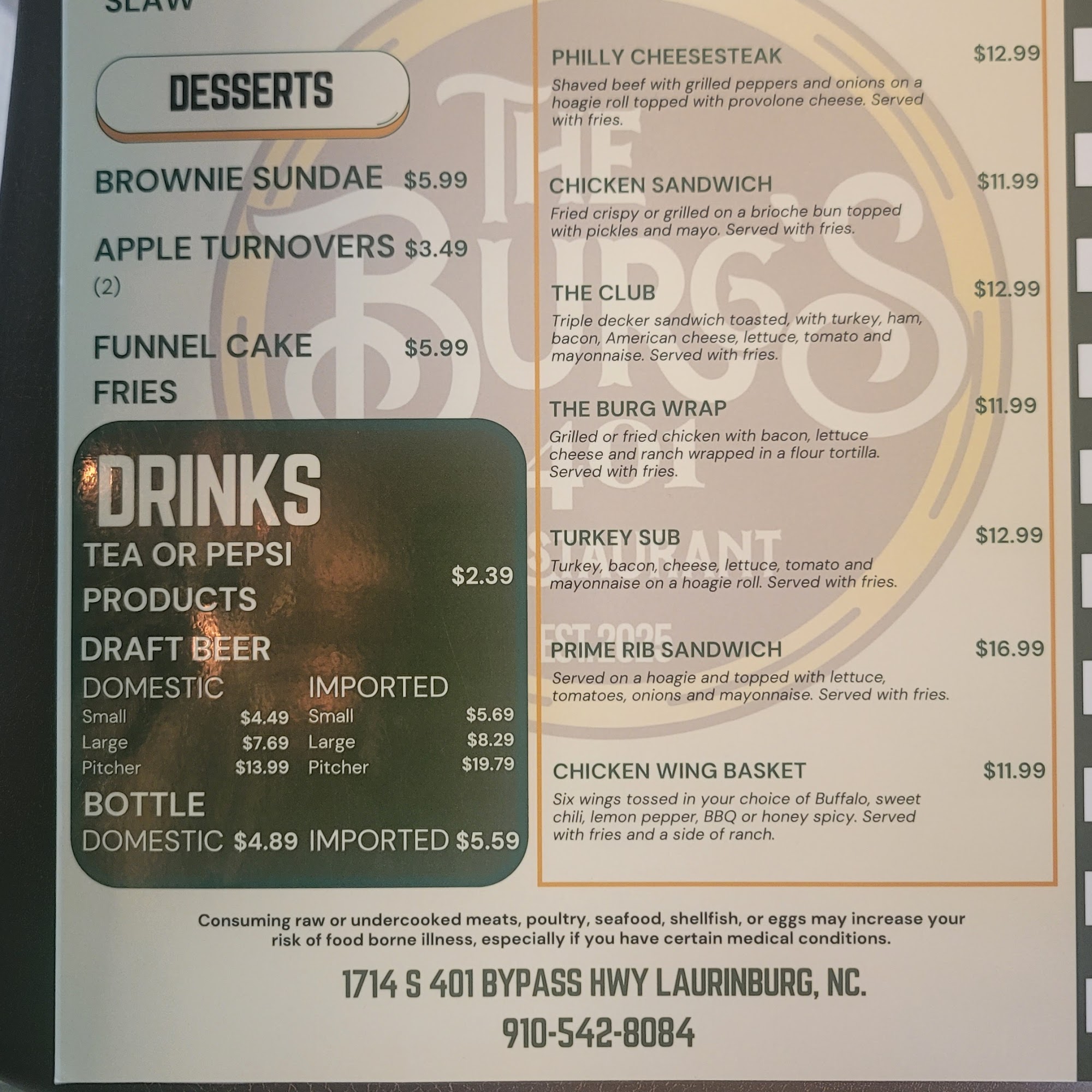 The Burgs 401 Menu