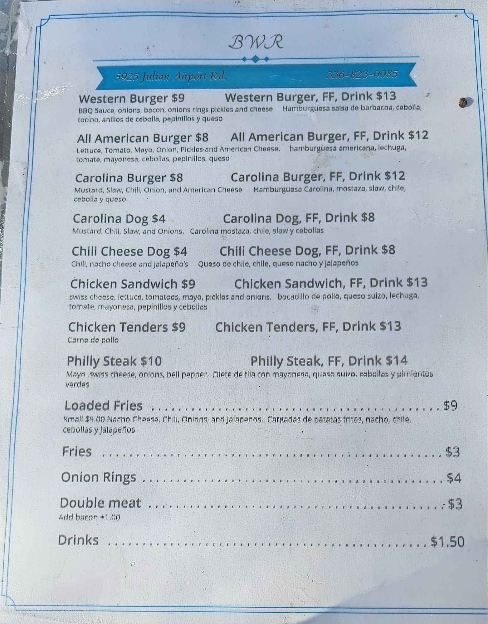 BWR Food truck Menu