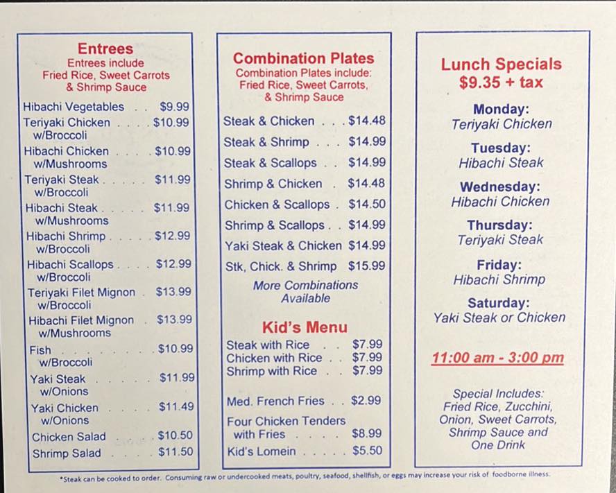 Sarkus Express Japanese Lillington Menu