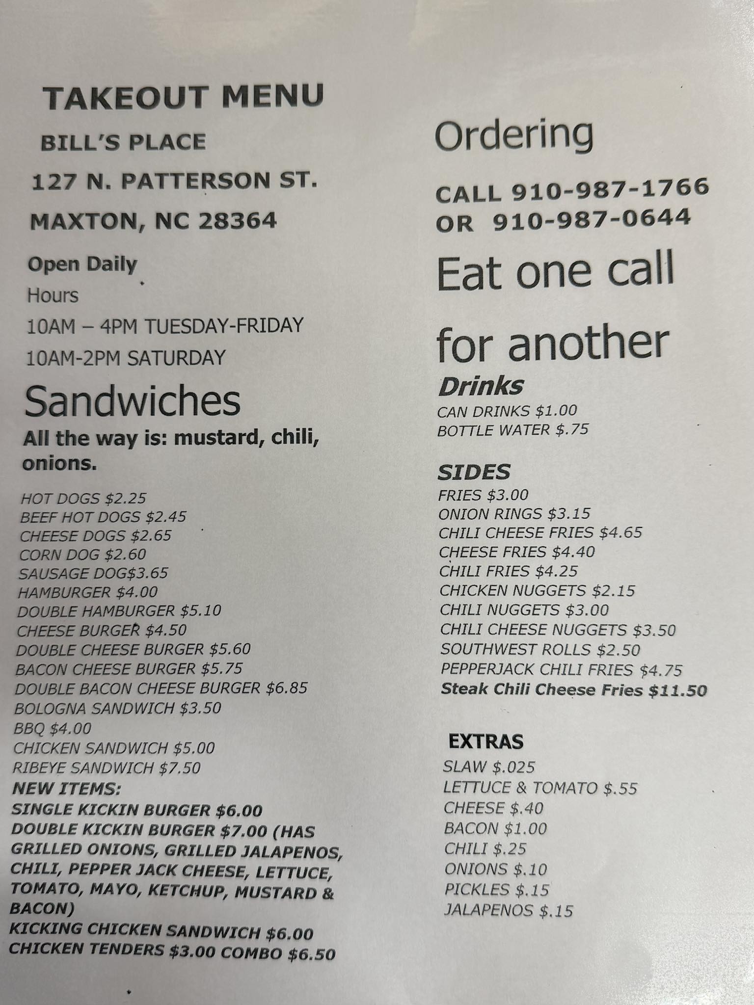 Bill's Place Menu