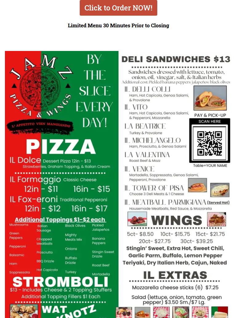 JAMZ Pizzeria & Deli Menu