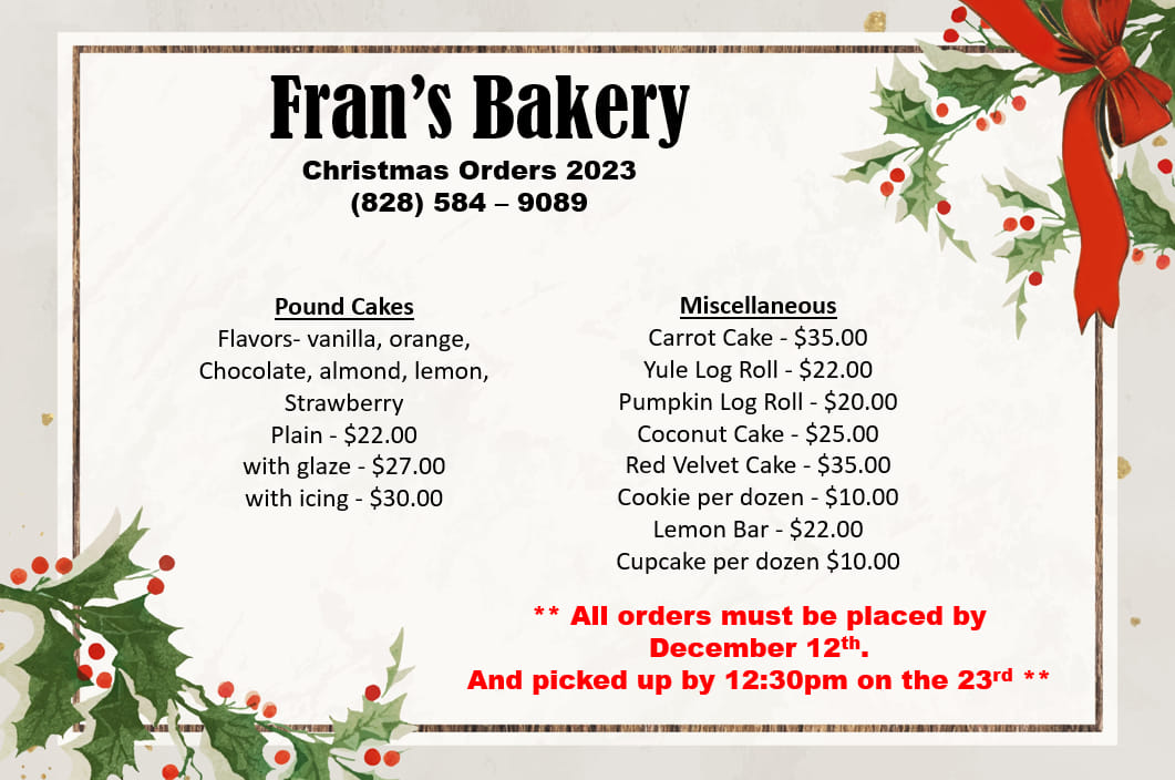 Fran’s Bakery Menu