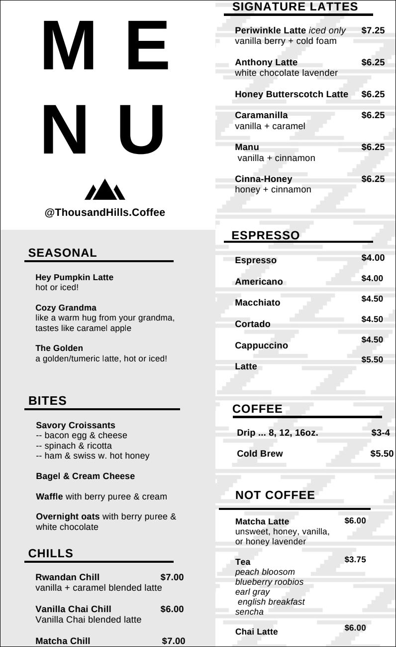 Thousand Hills Coffee Menu