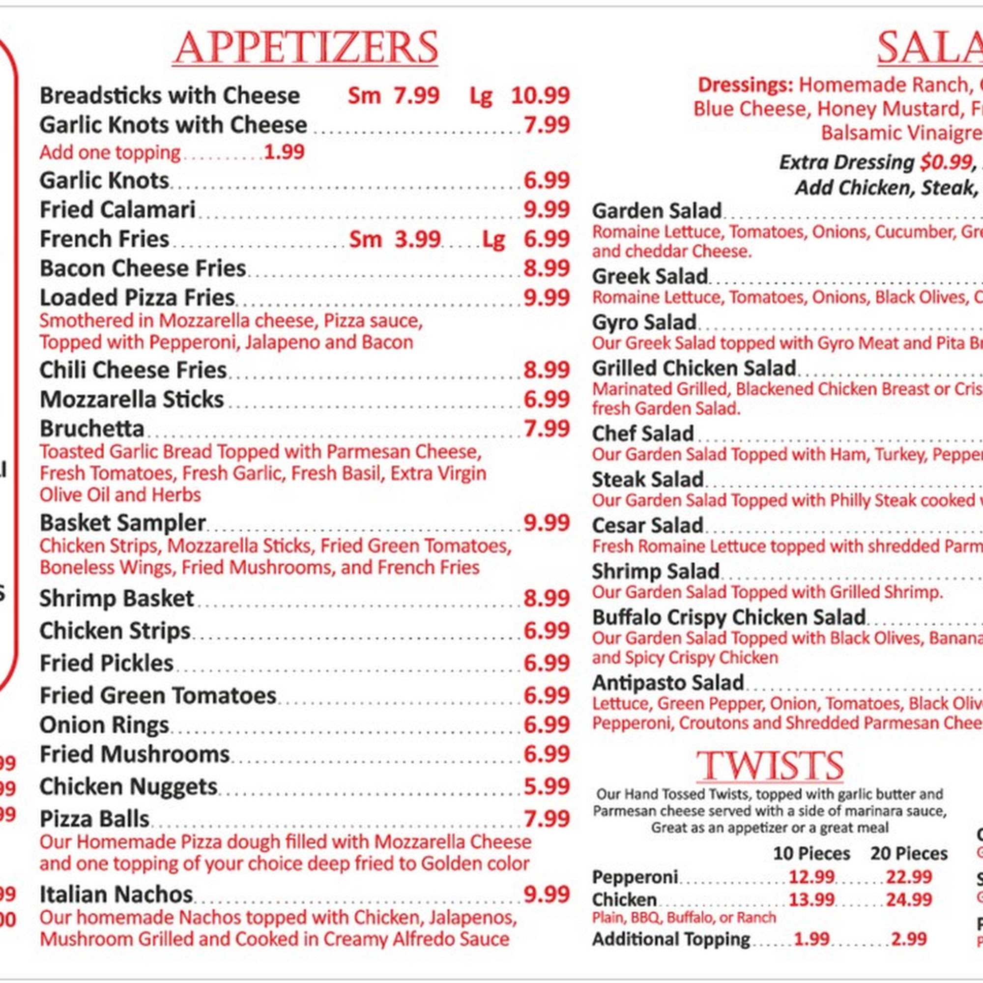 Pit Stop Pizza Pasta and Grill Menu