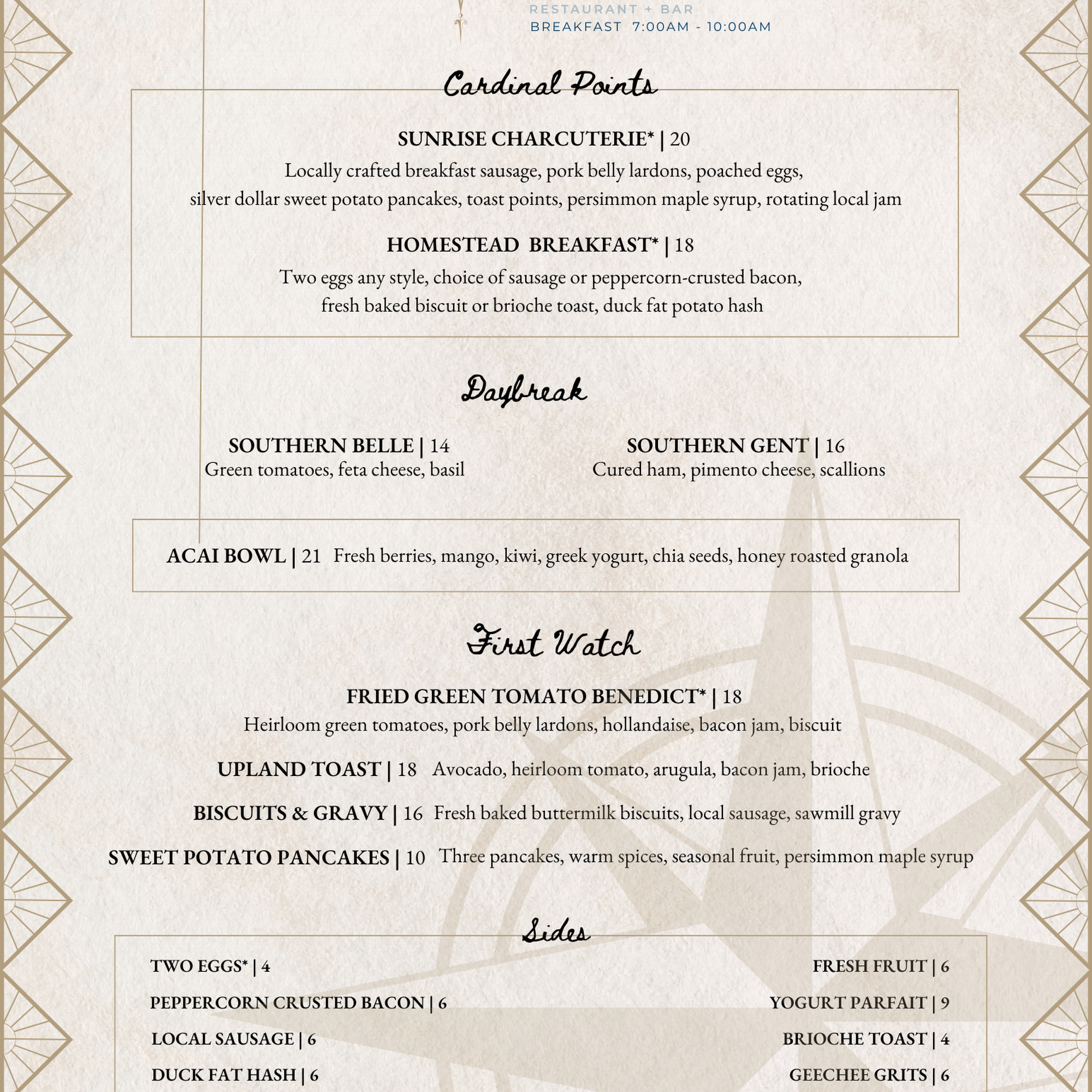 The Compass Rose at Tryon Riverfront Inn Menu