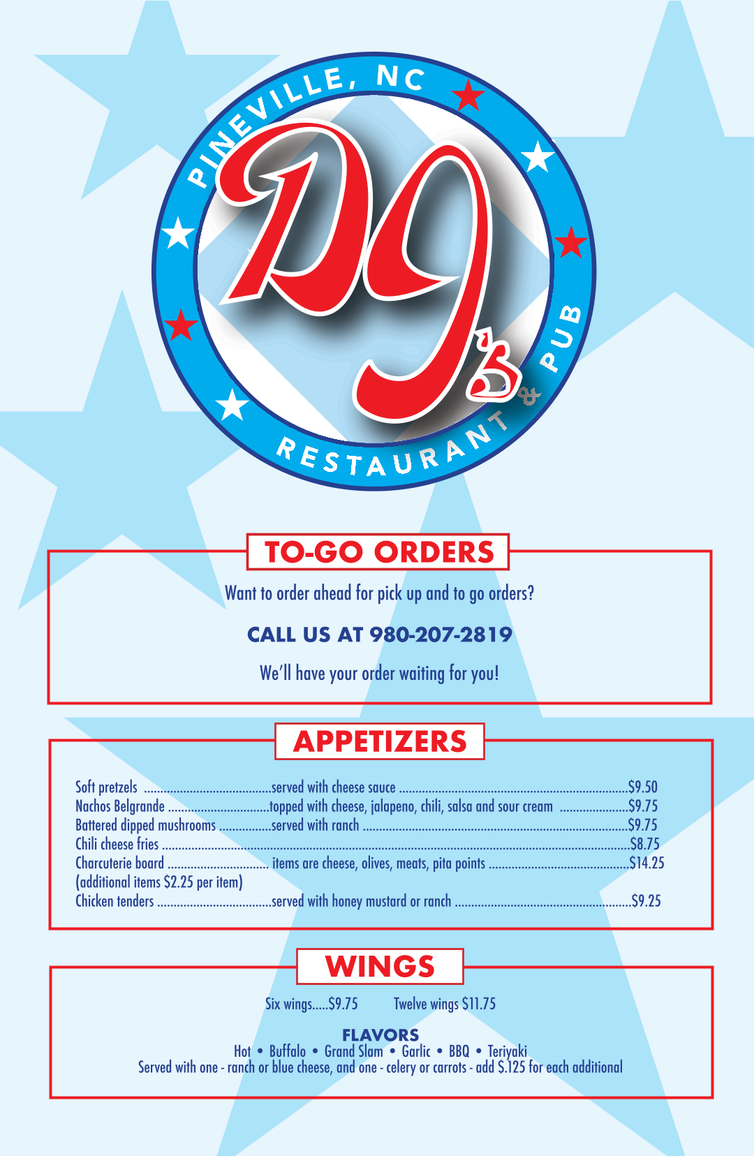 DJ's restaurant & pub Menu