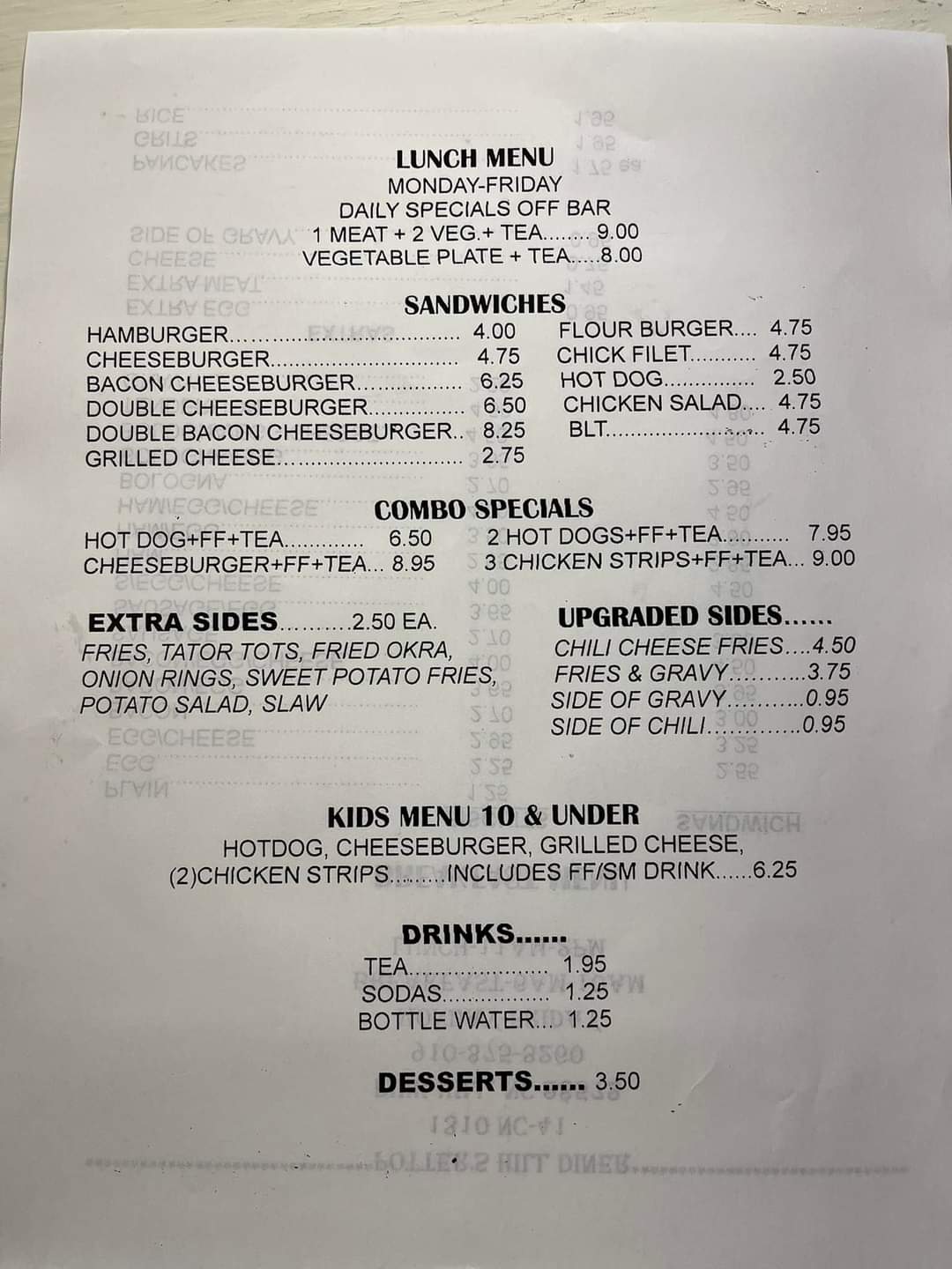Potter’s Hill Diner Menu