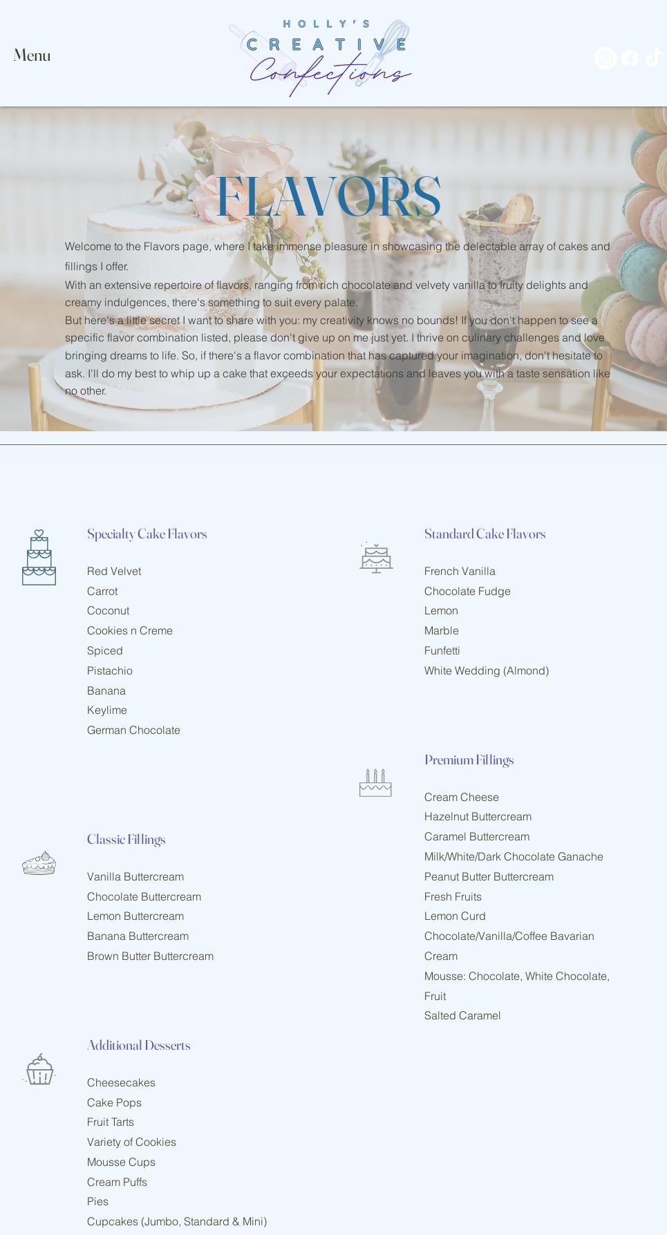 Hollys creative Confections Menu