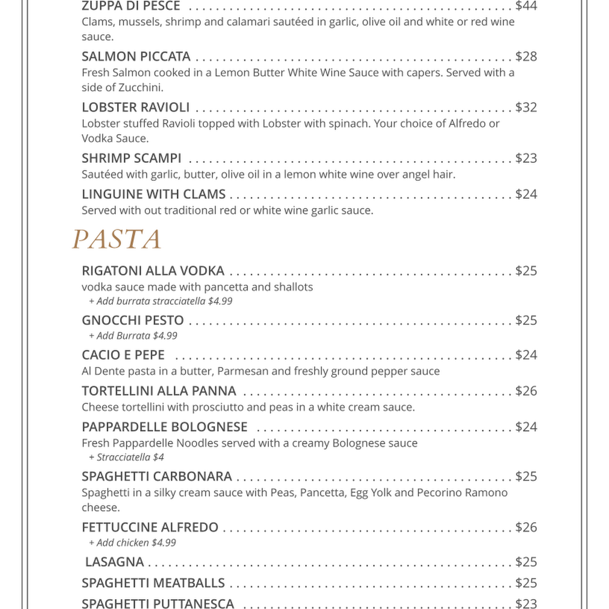 Anthony's La Piazza Prime Menu