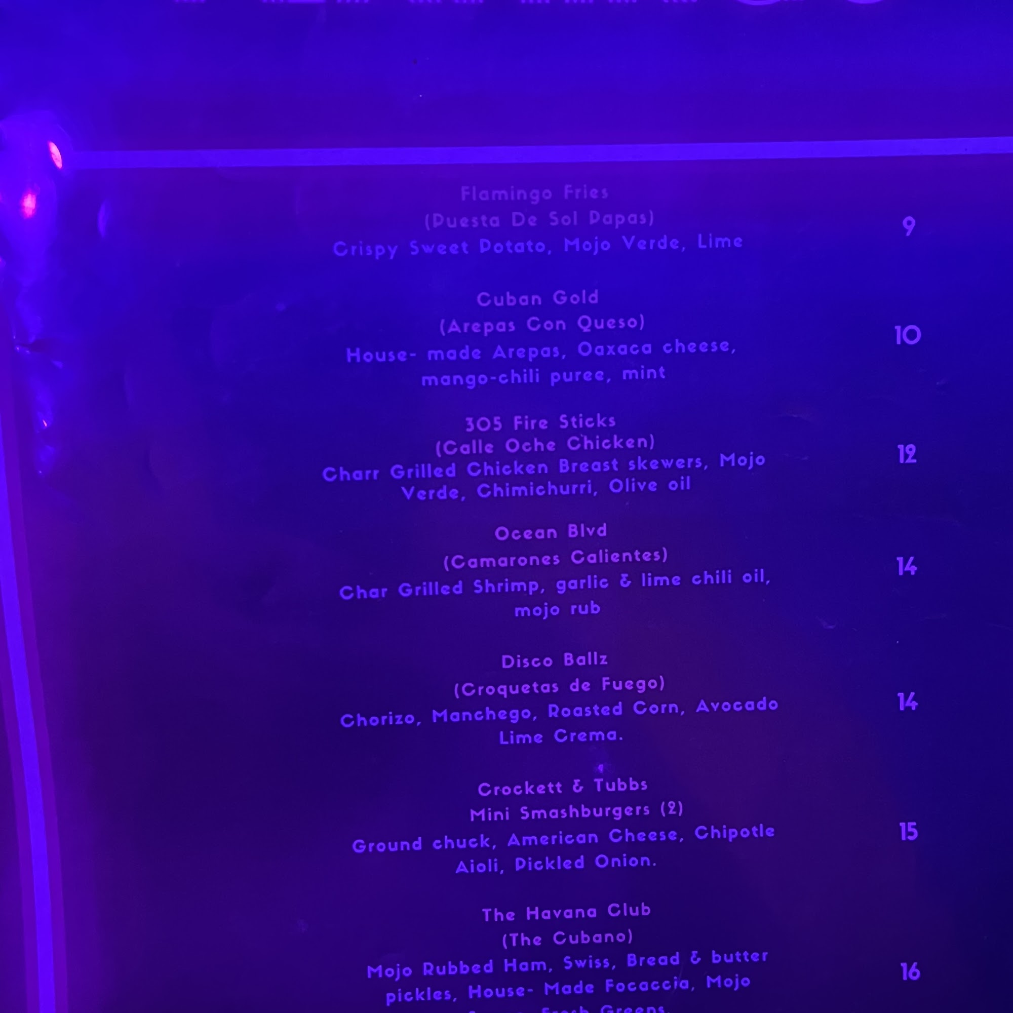 Electric Flamingo Menu