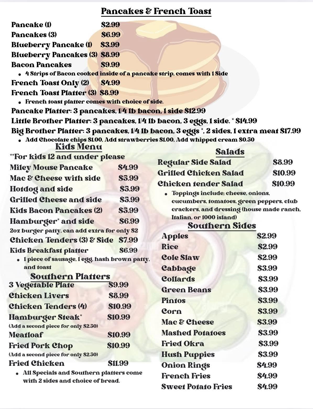 Bacon Brothers Cafe Menu