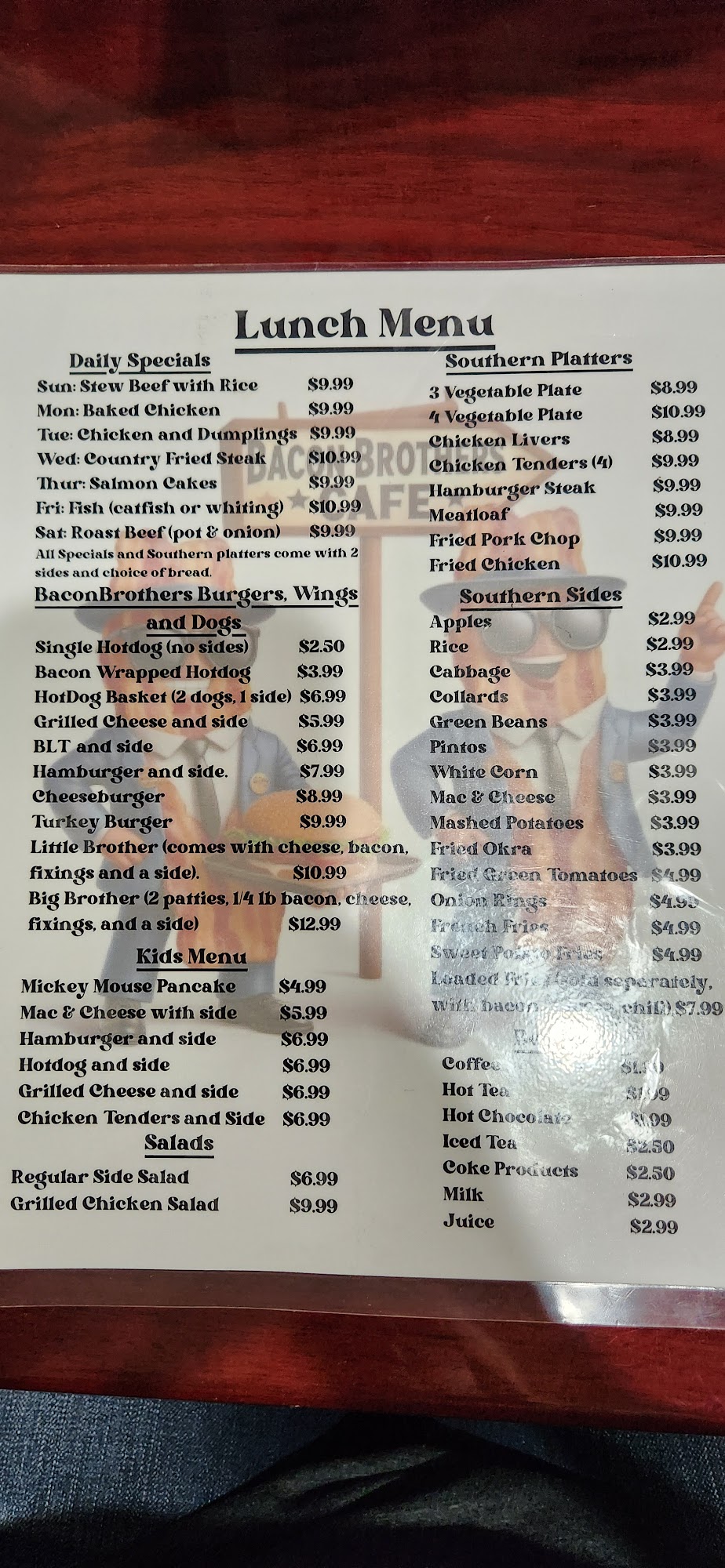 Bacon Brothers Cafe Menu