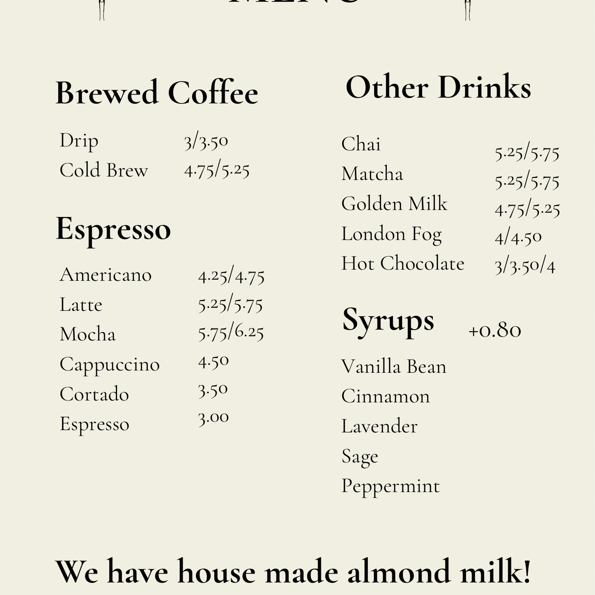 Stonefly Coffee Menu