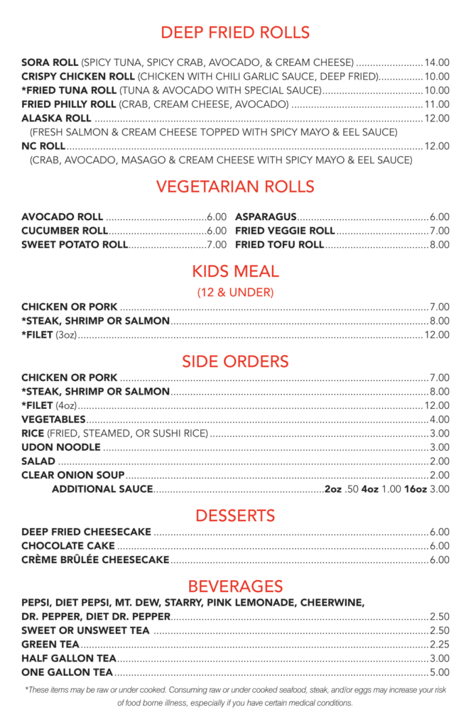 SORA Japanese restaurant Menu