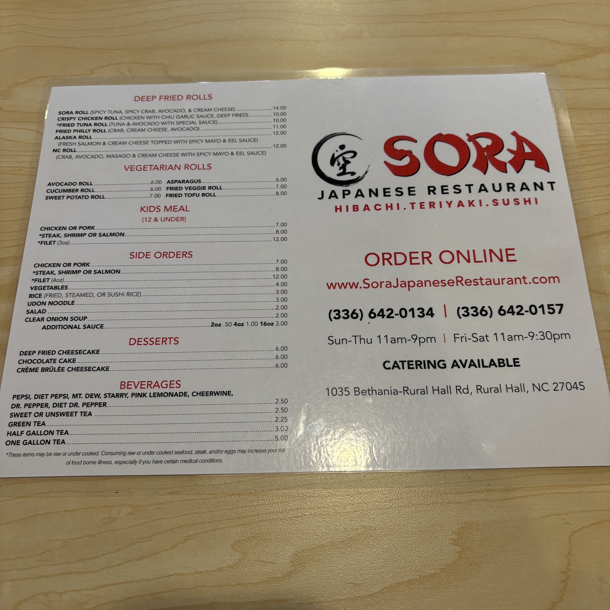 SORA Japanese restaurant Menu