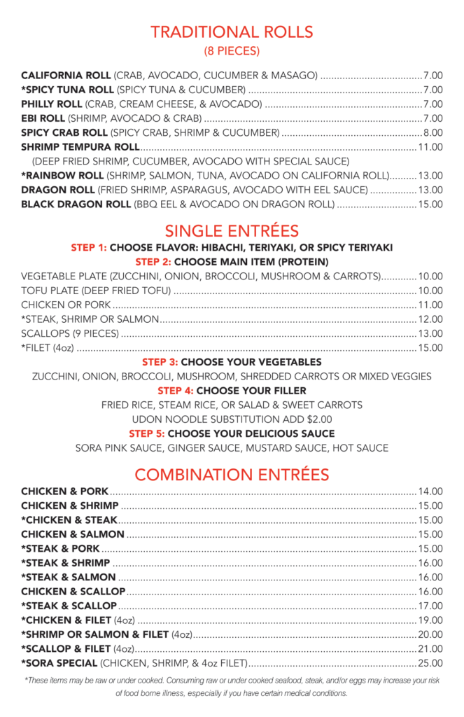 SORA Japanese restaurant Menu