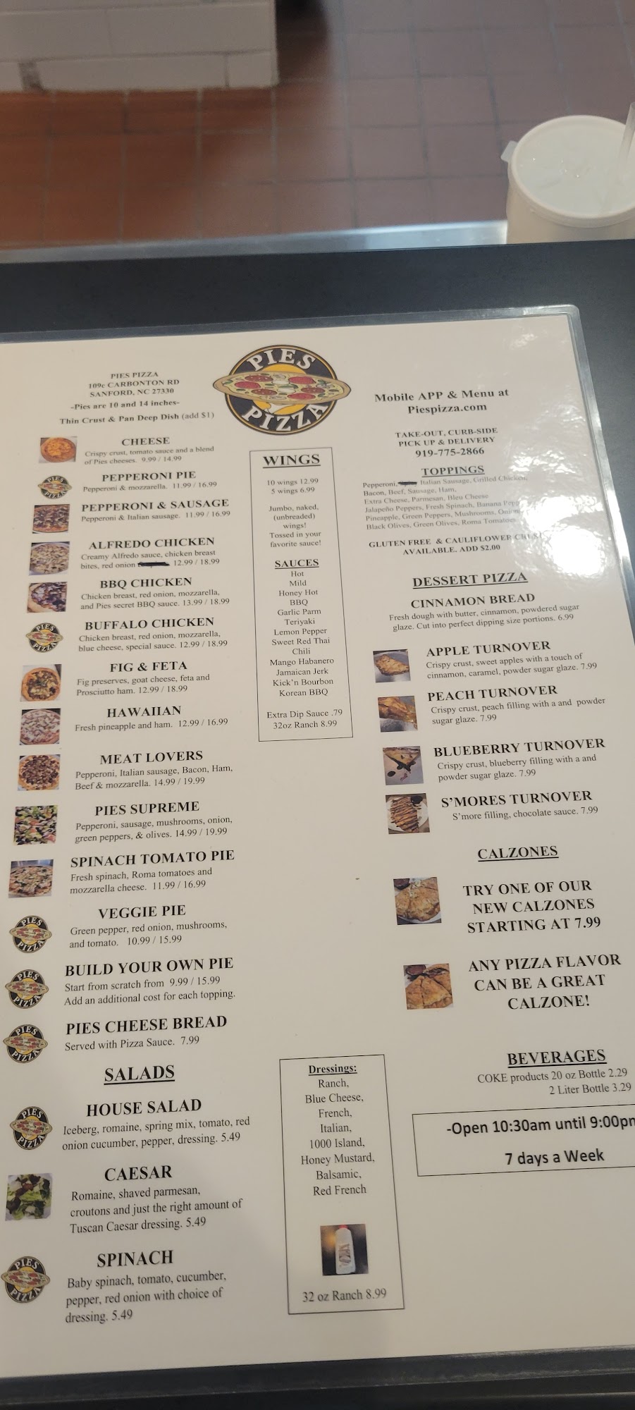 Pies Pizza Menu