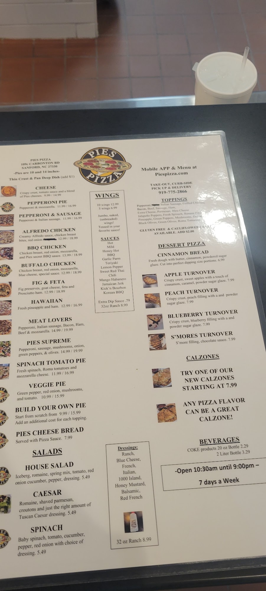 Pies Pizza Menu