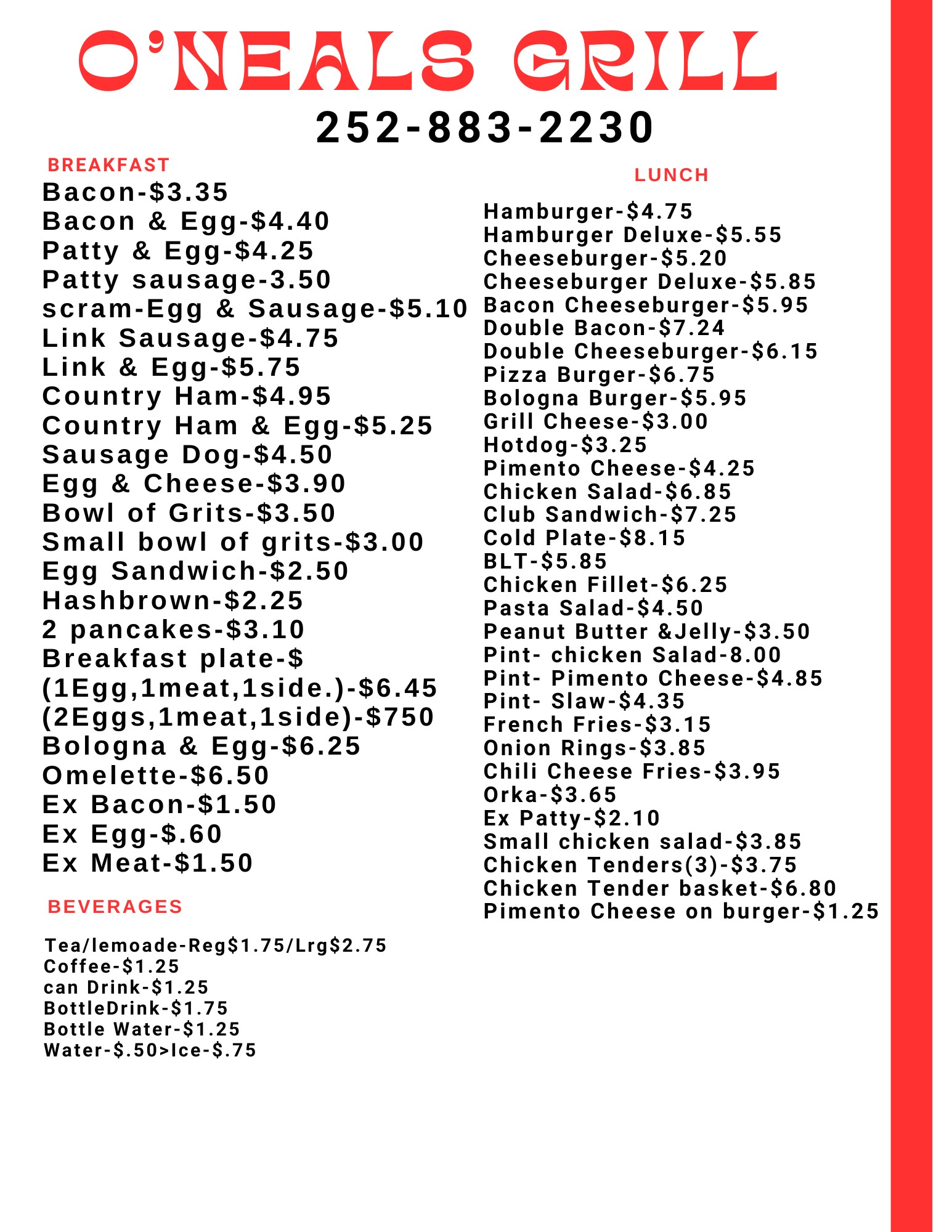 O'Neal's Grill Menu