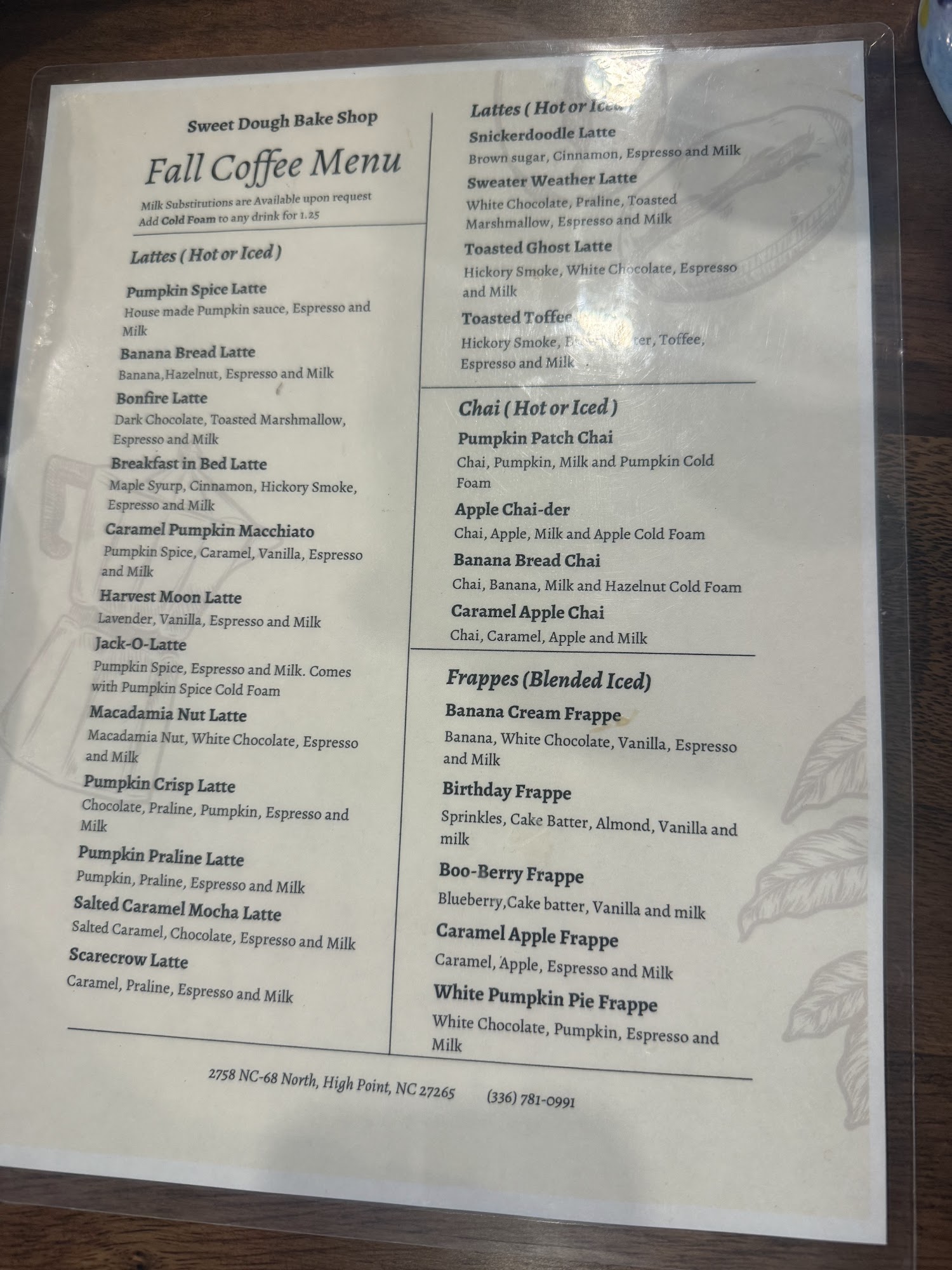 Sweet Dough Coffee and Bake Shop Menu