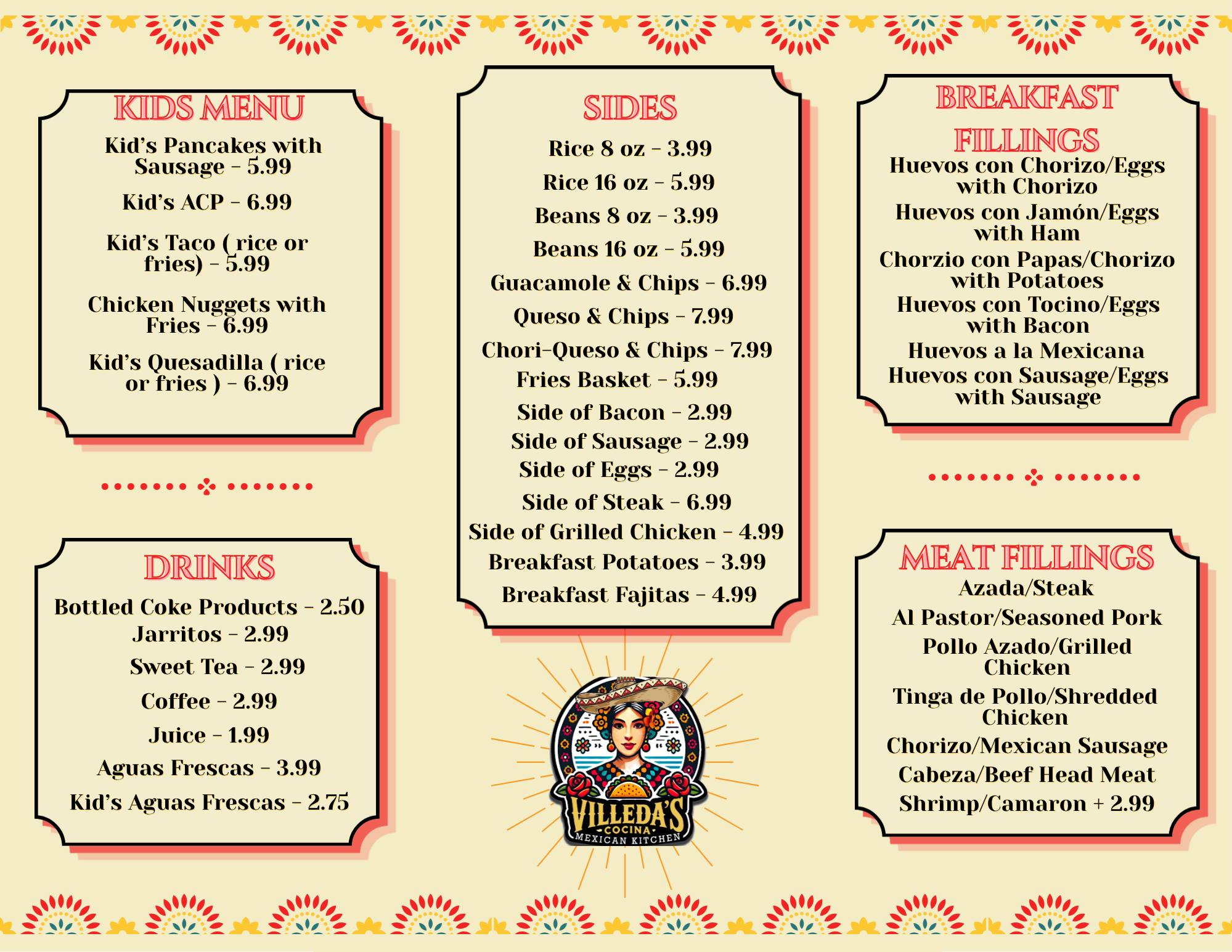 Villeda's Cocina Menu