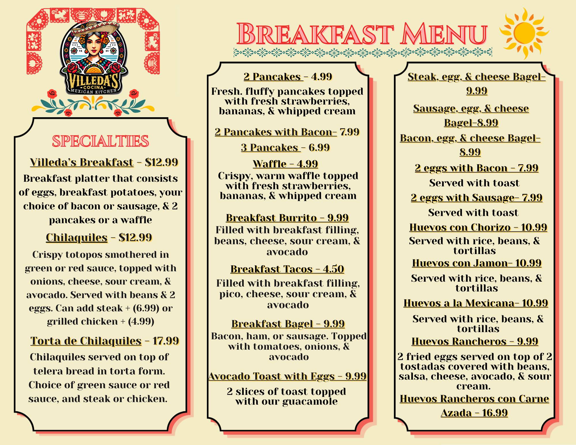 Villeda's Cocina Menu