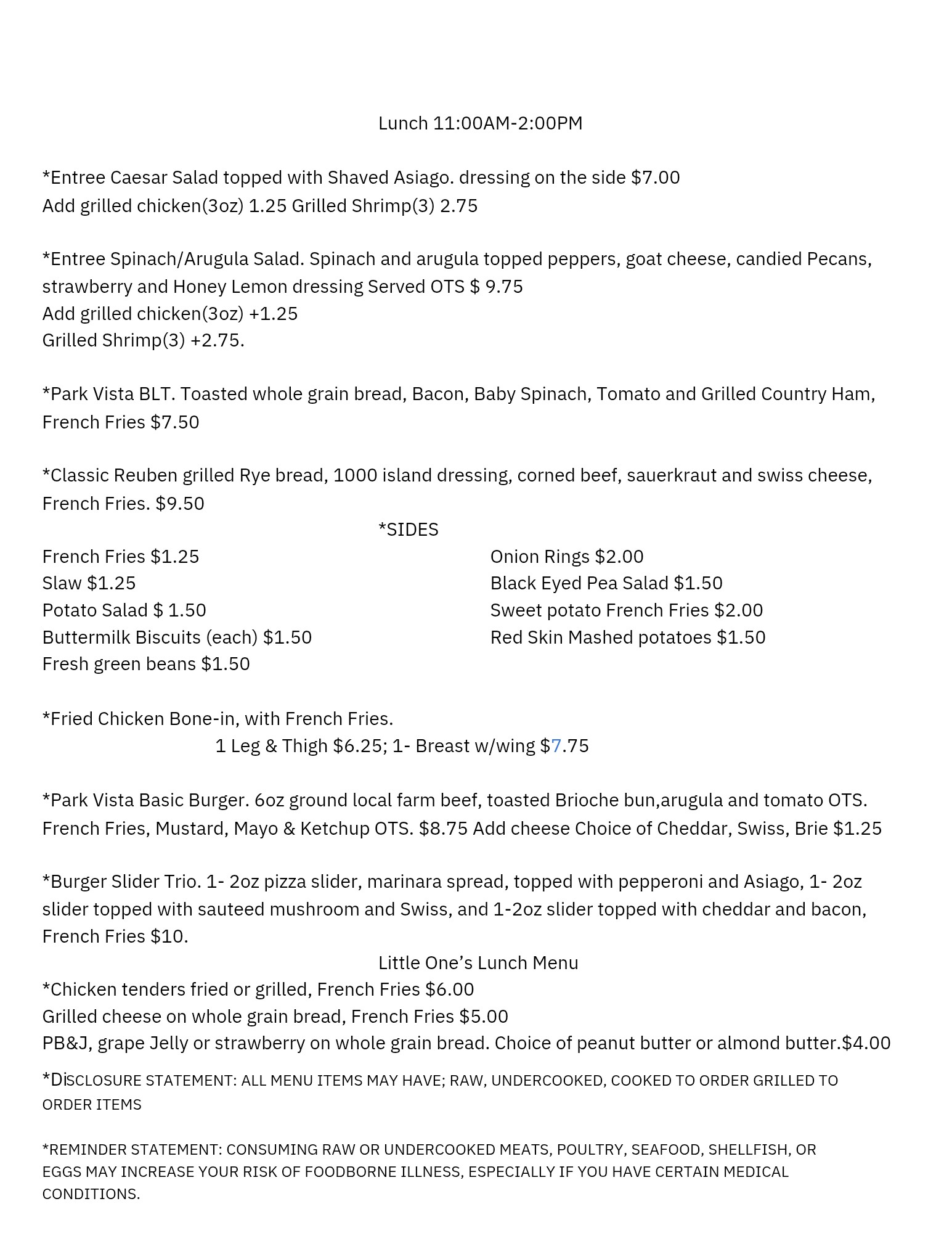 Park Vista Diner Menu