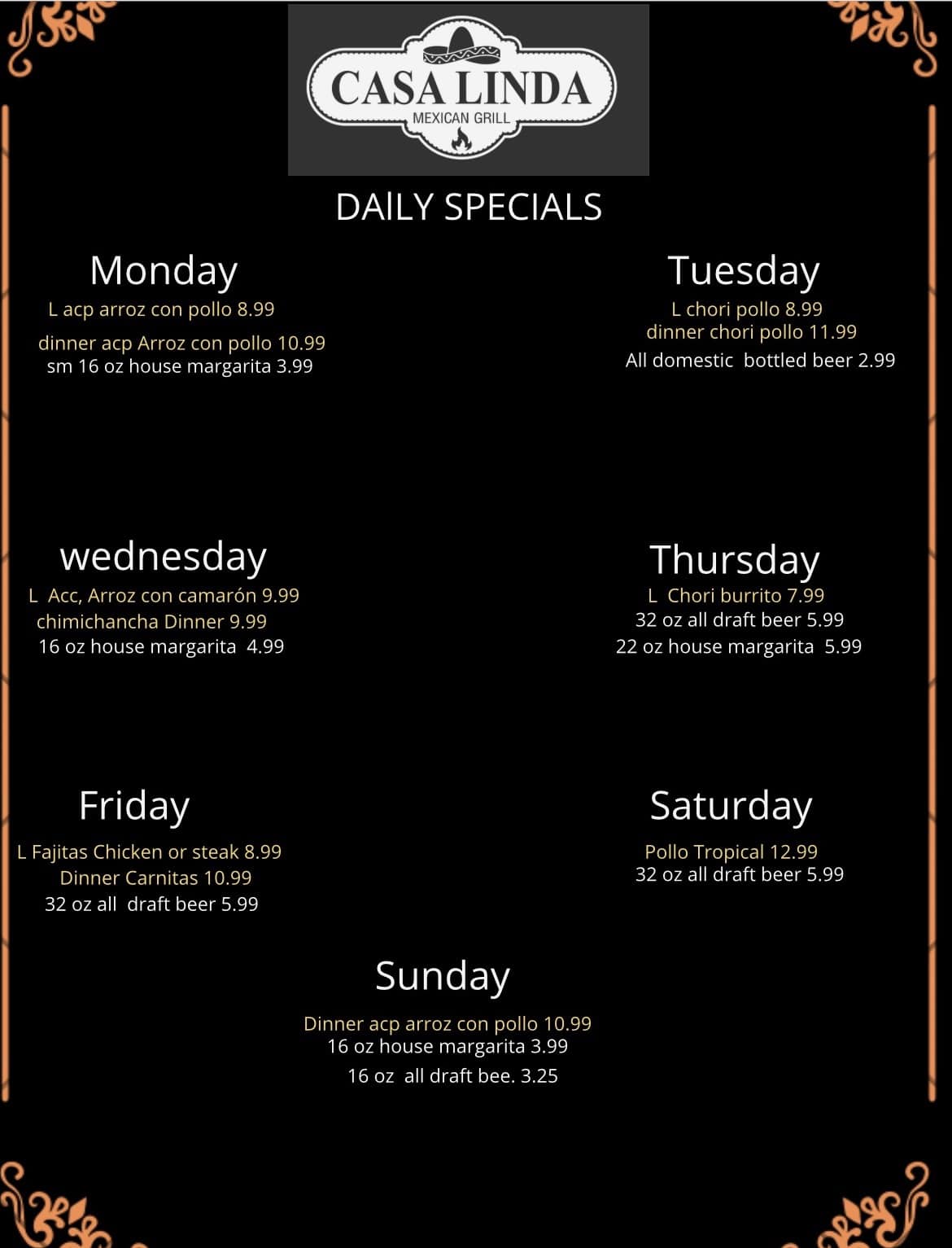 Casa Linda Mexican Grill Menu