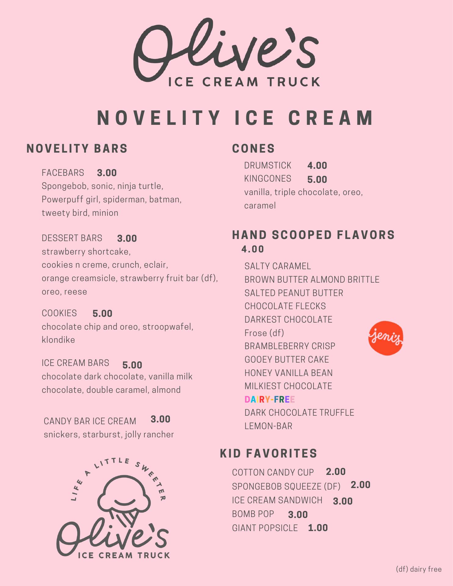 Olive's Ice Cream Truck Menu