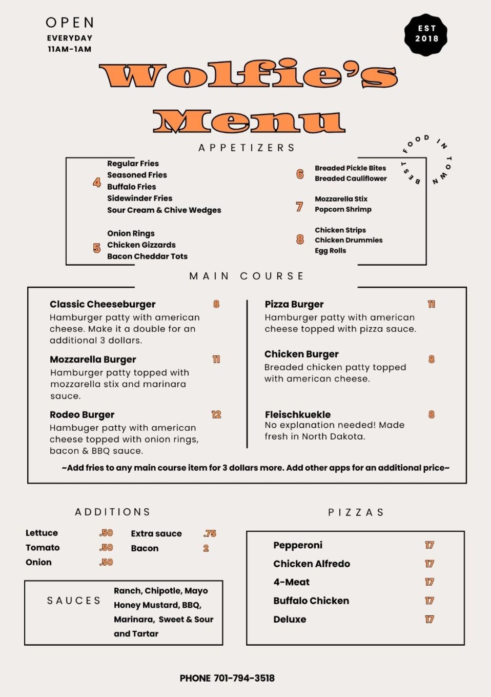 Wolfie's Bar and Bottle Shop Menu