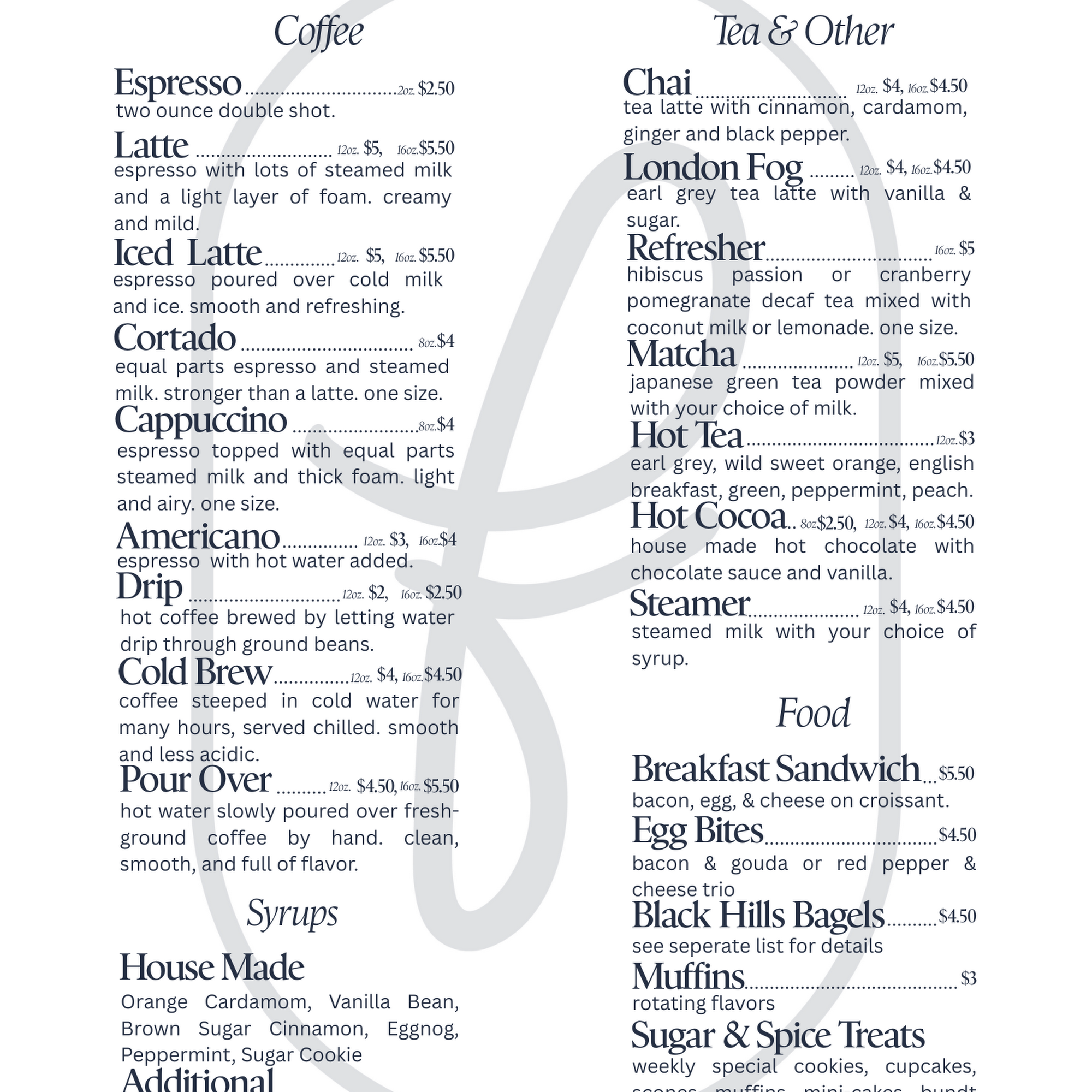 Fellows Coffee Menu