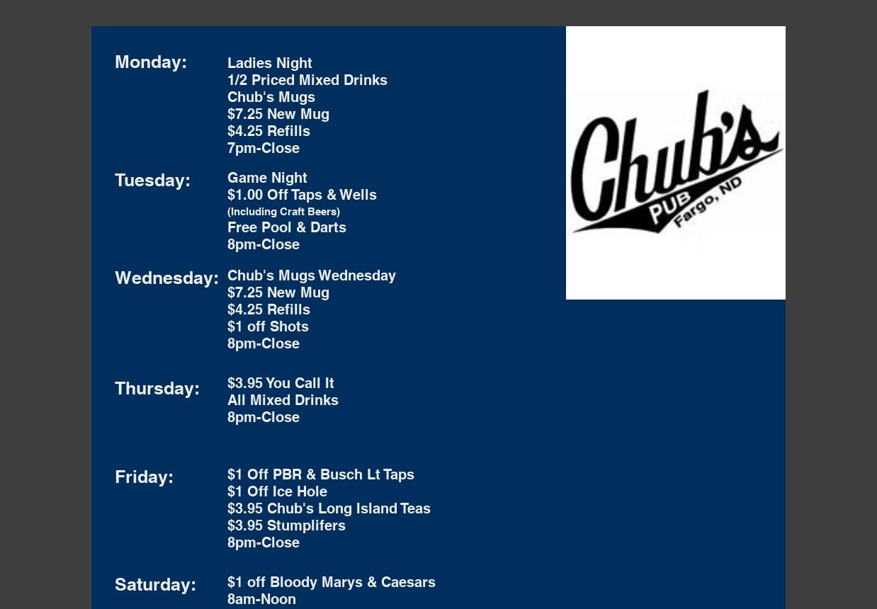 Chub's Pub & Package Place Menu