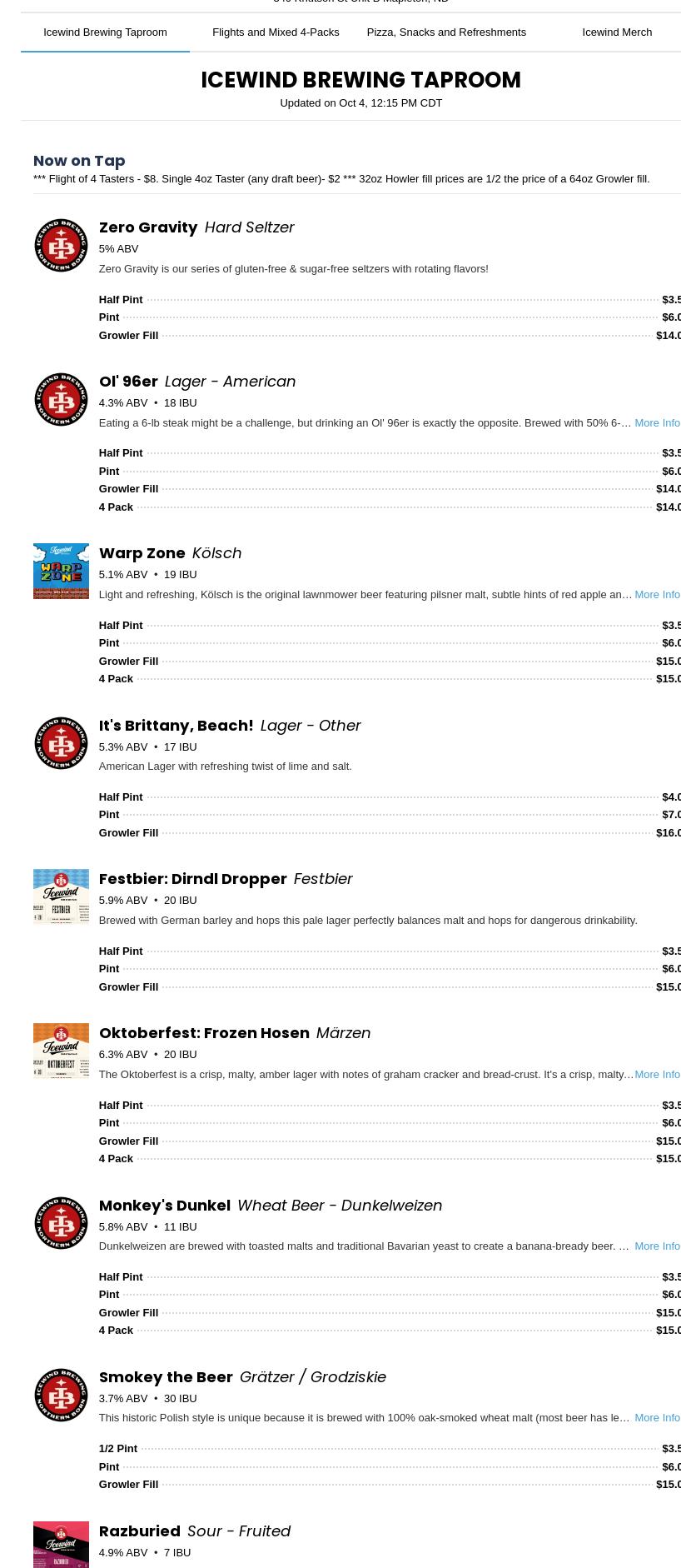 Icewind Brewing Menu