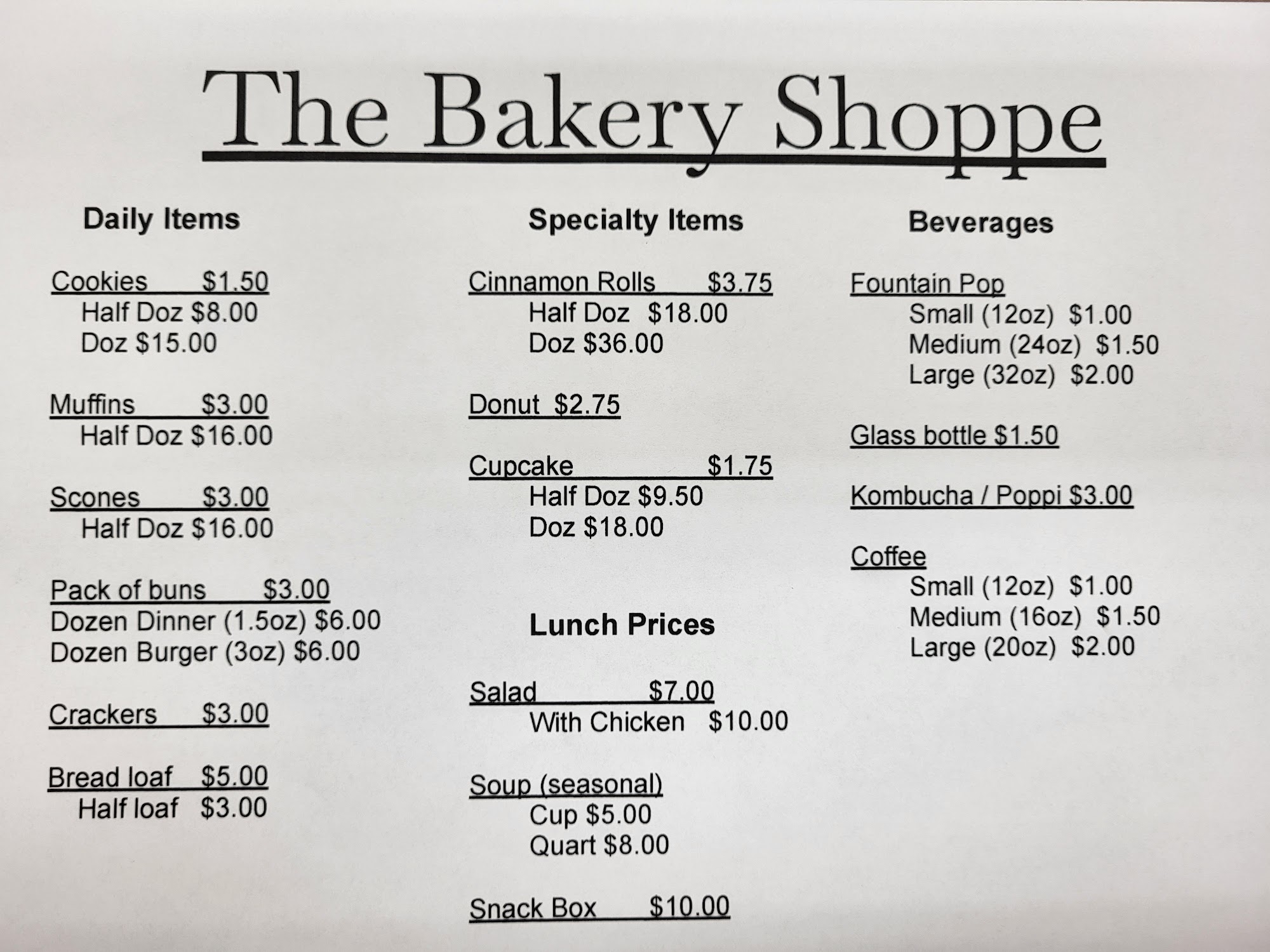 The Bakery Shoppe Menu